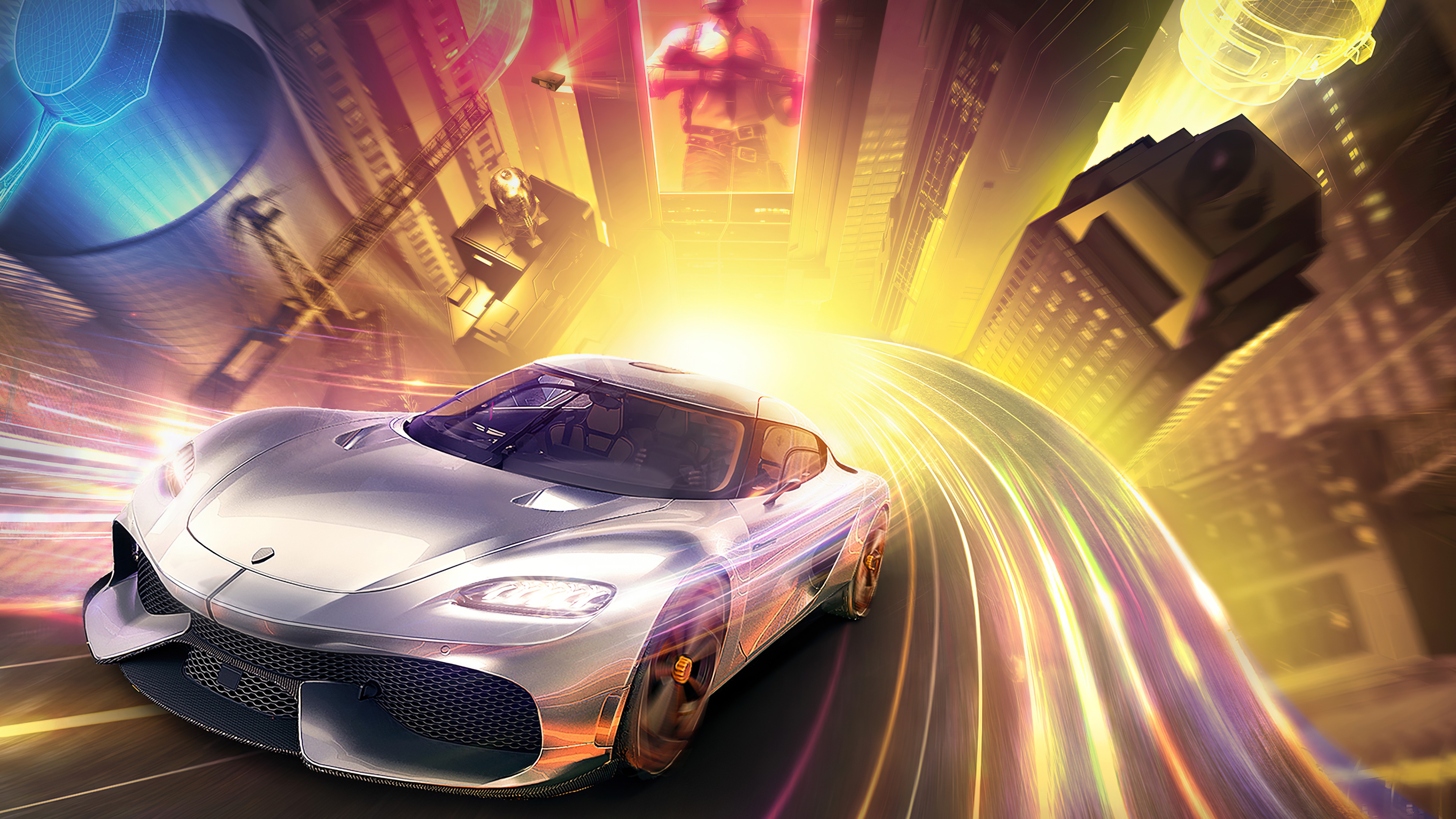 Koenigsegg car in a futuristic city with light trails HD Wallpaper