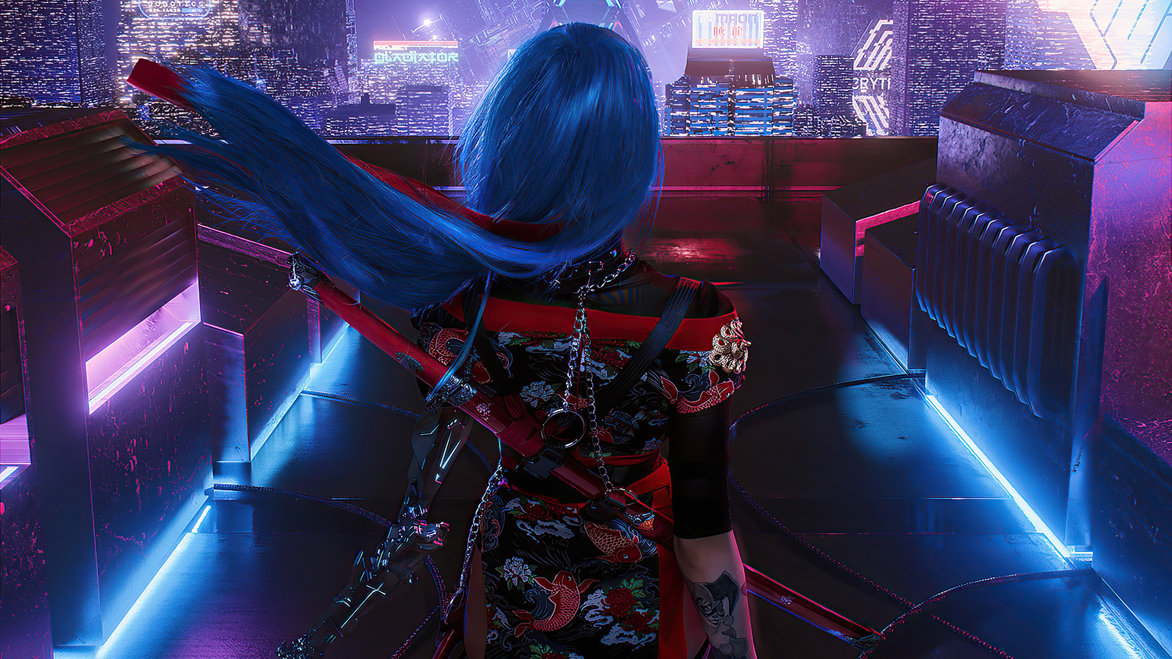 Cyberpunk woman with blue hair and sword HD Wallpaper
