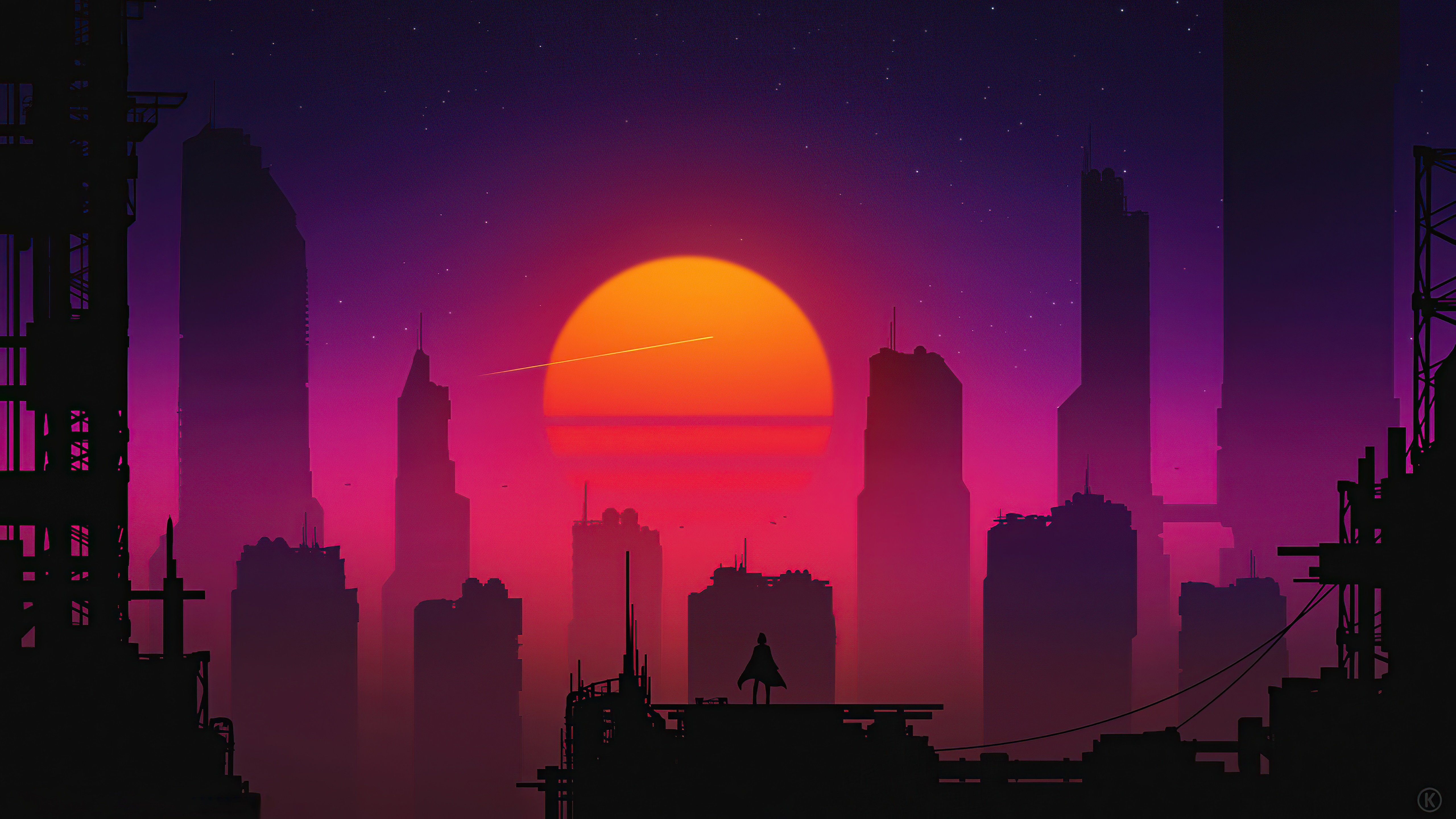 Retrowave cityscape with a lone figure at sunset HD Wallpaper