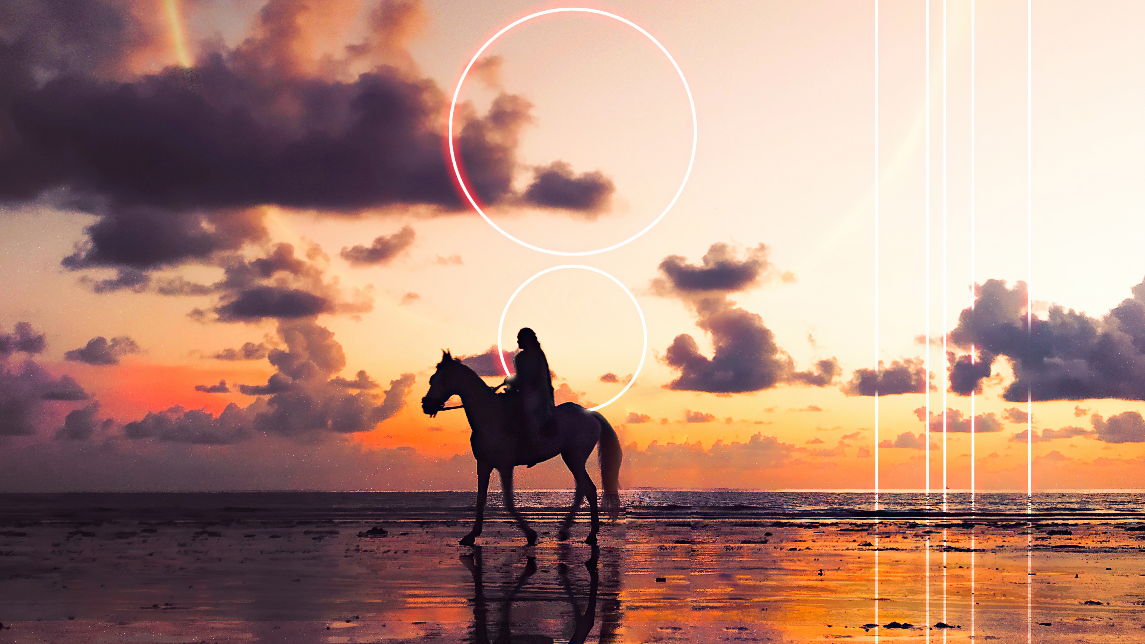 Horse rider silhouetted against a sunset with neon circles HD Wallpaper
