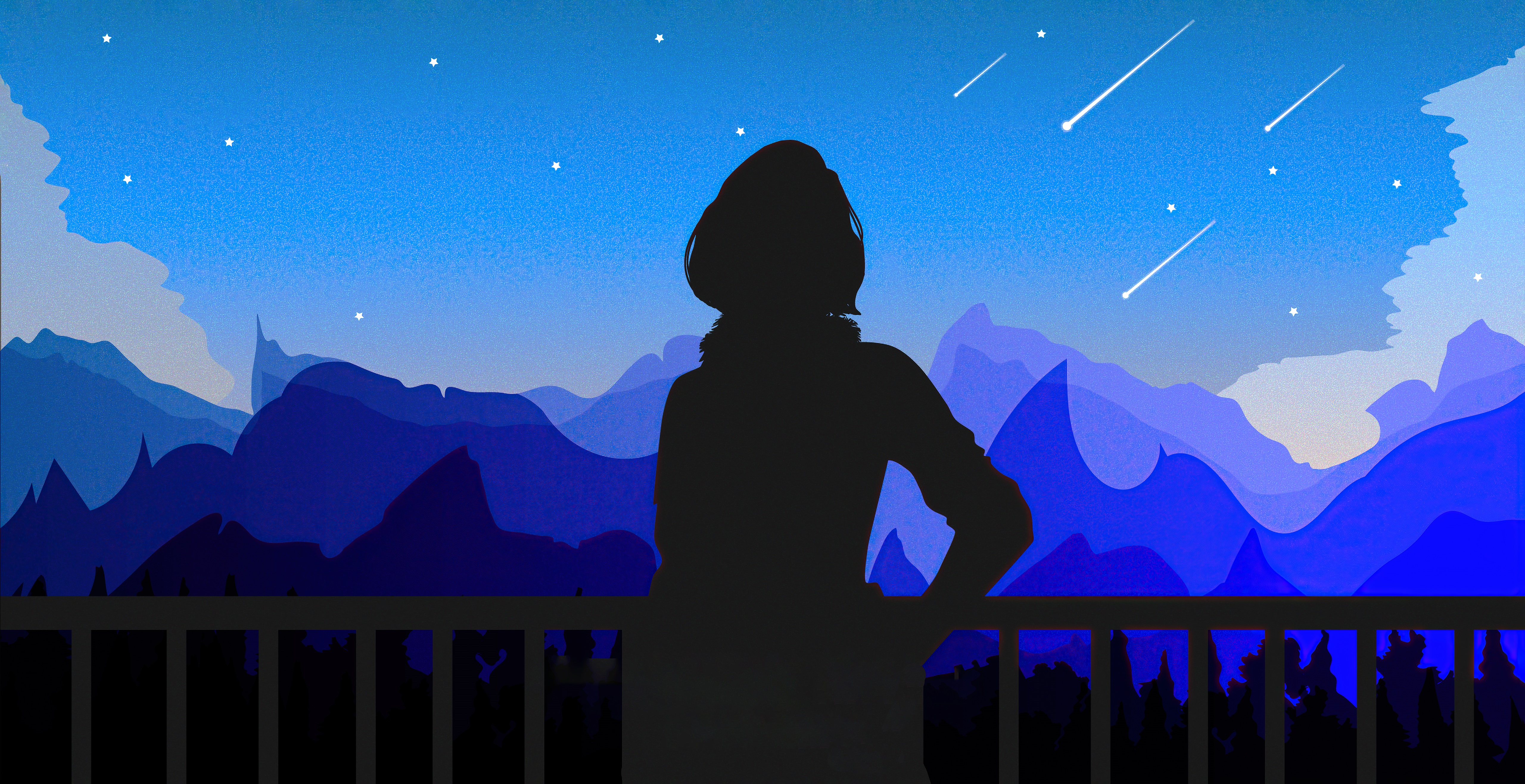 Silhouette of a person watching shooting stars over mountains HD Wallpaper