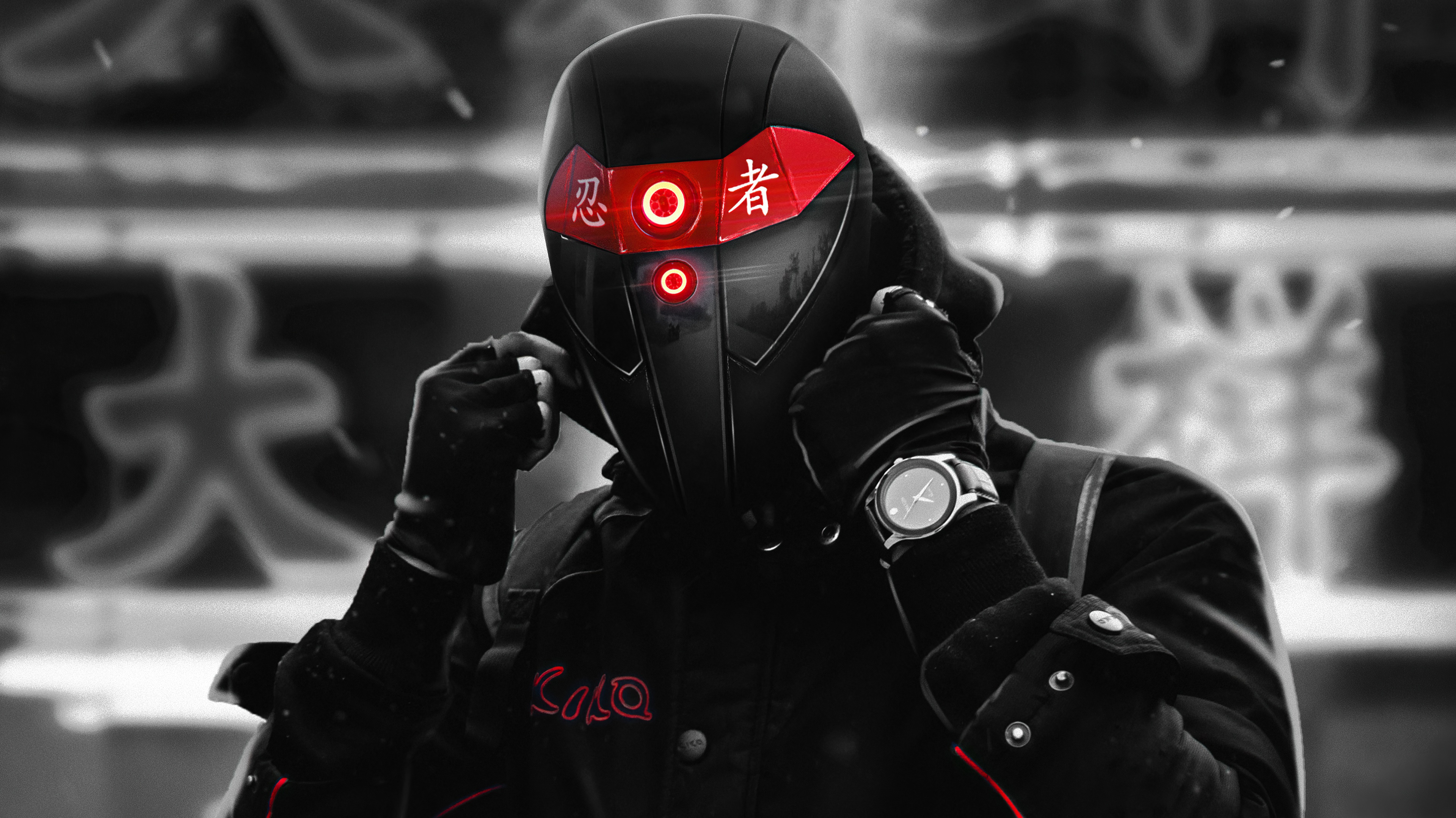 Ninja with red accents and watch HD Wallpaper