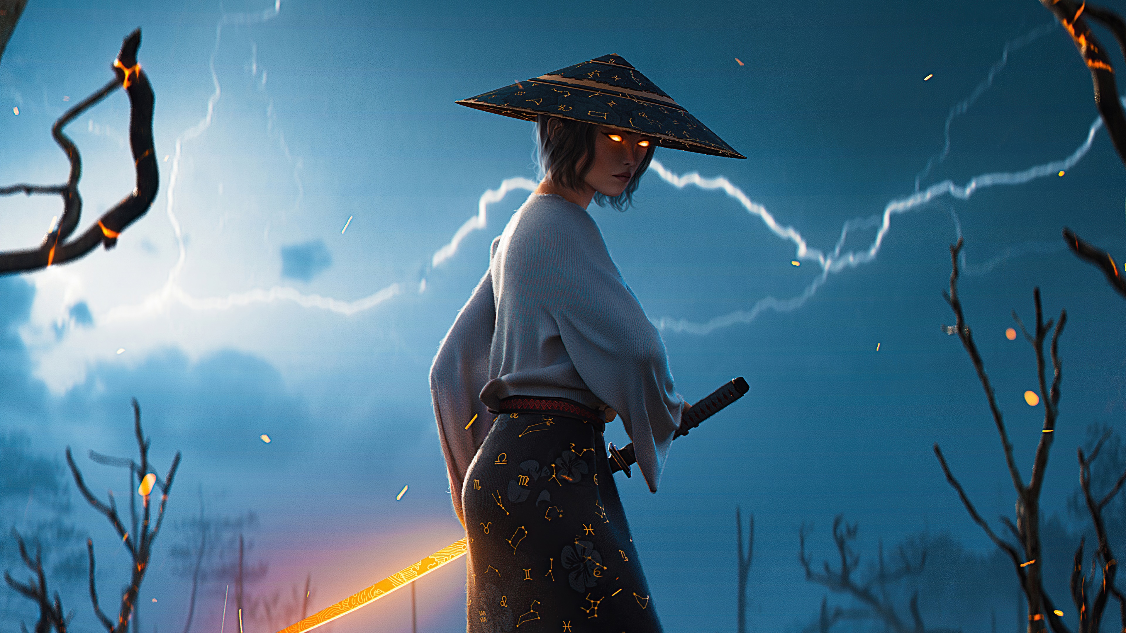 Samurai with glowing eyes and katana in storm HD Wallpaper