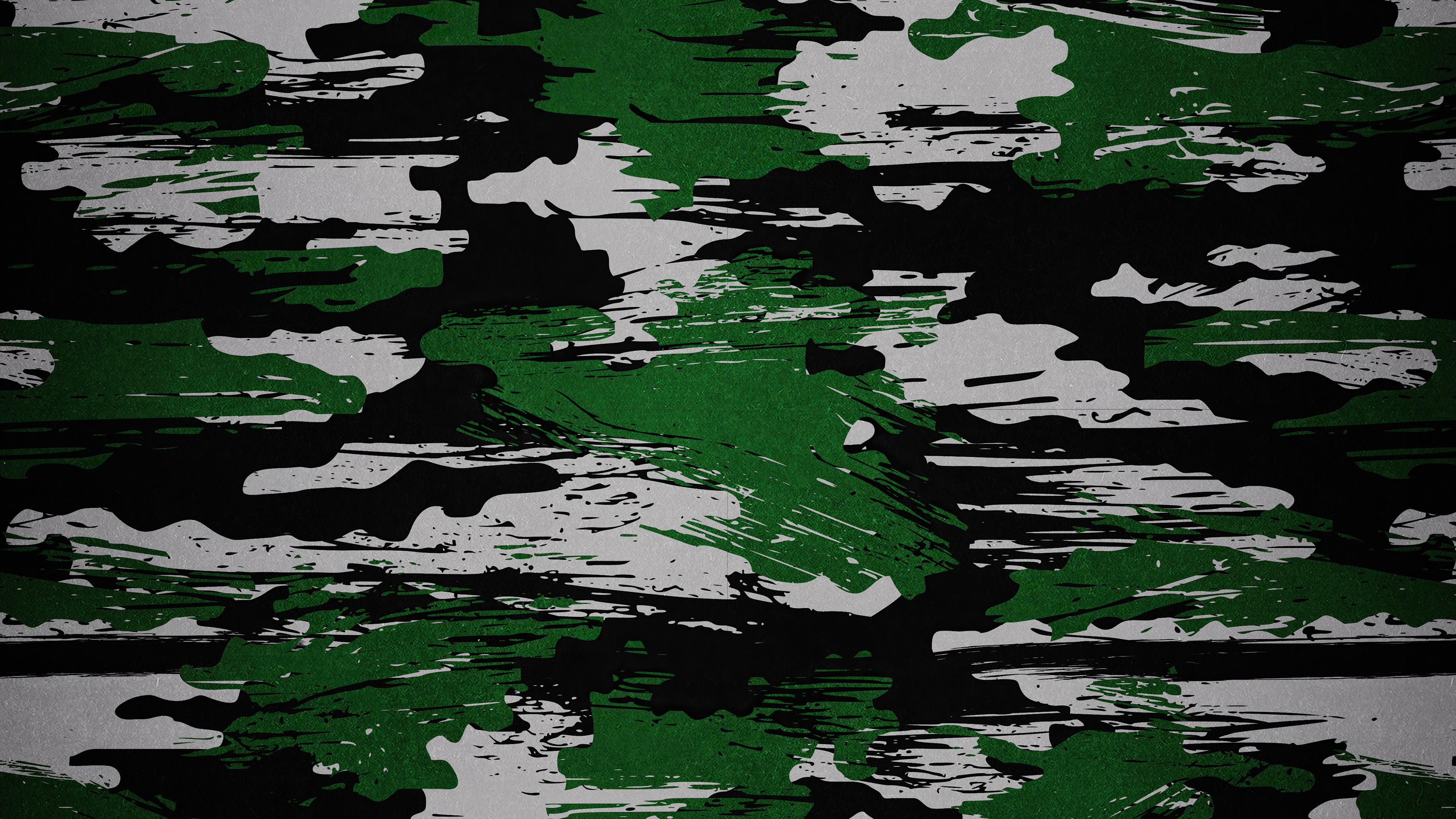 Abstract camouflage pattern with green, black, and white brush strokes HD Wallpaper
