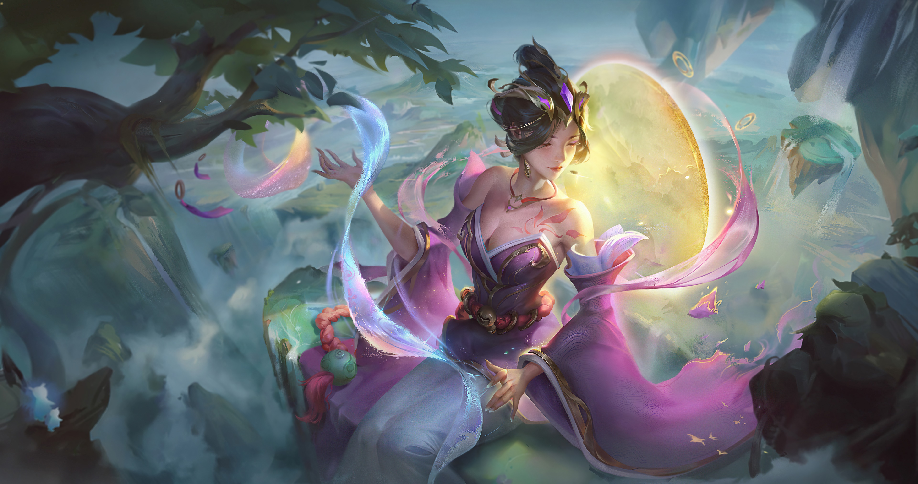 Fantasy girl with flowing ribbons and a moon HD Wallpaper