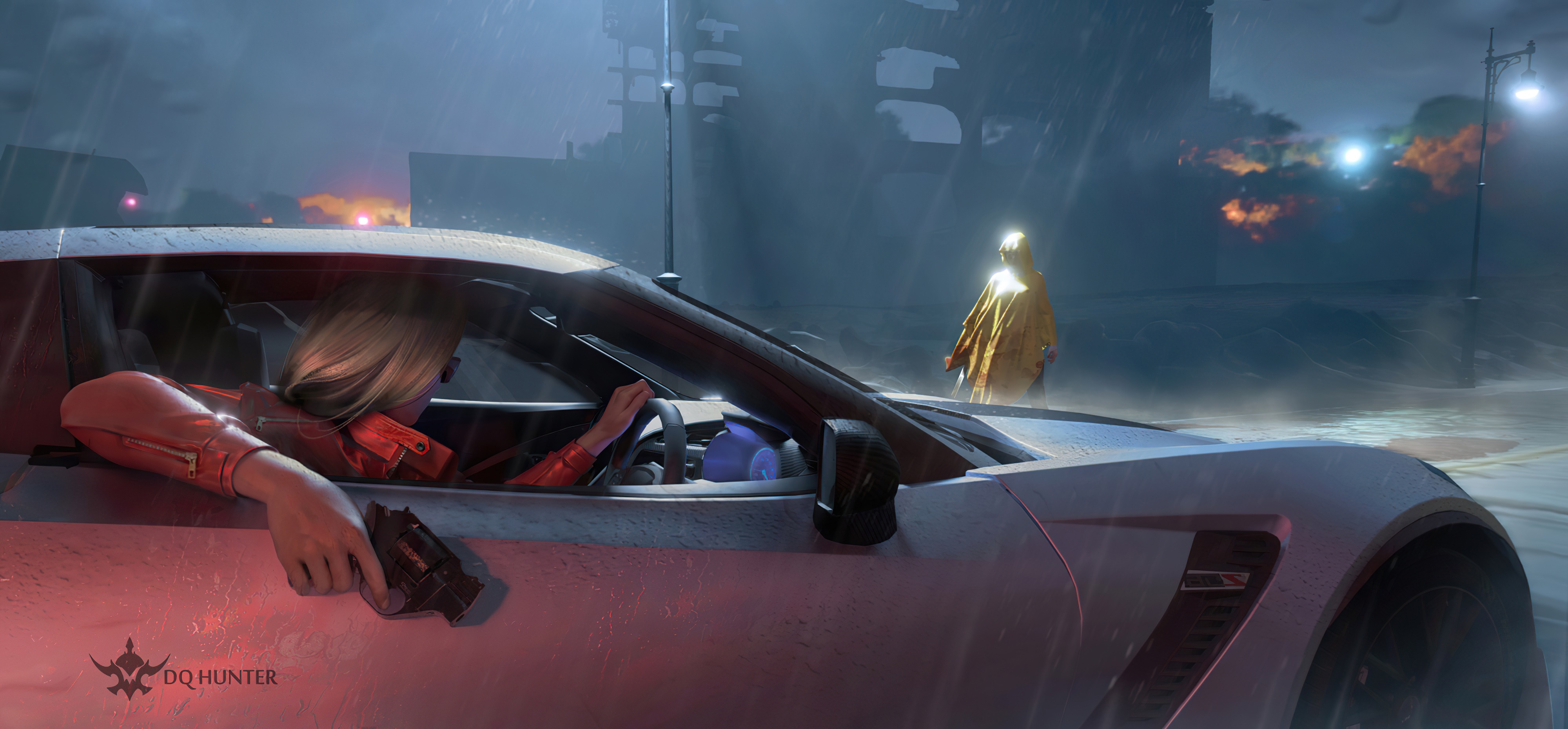 Woman with gun in car during rain HD Wallpaper