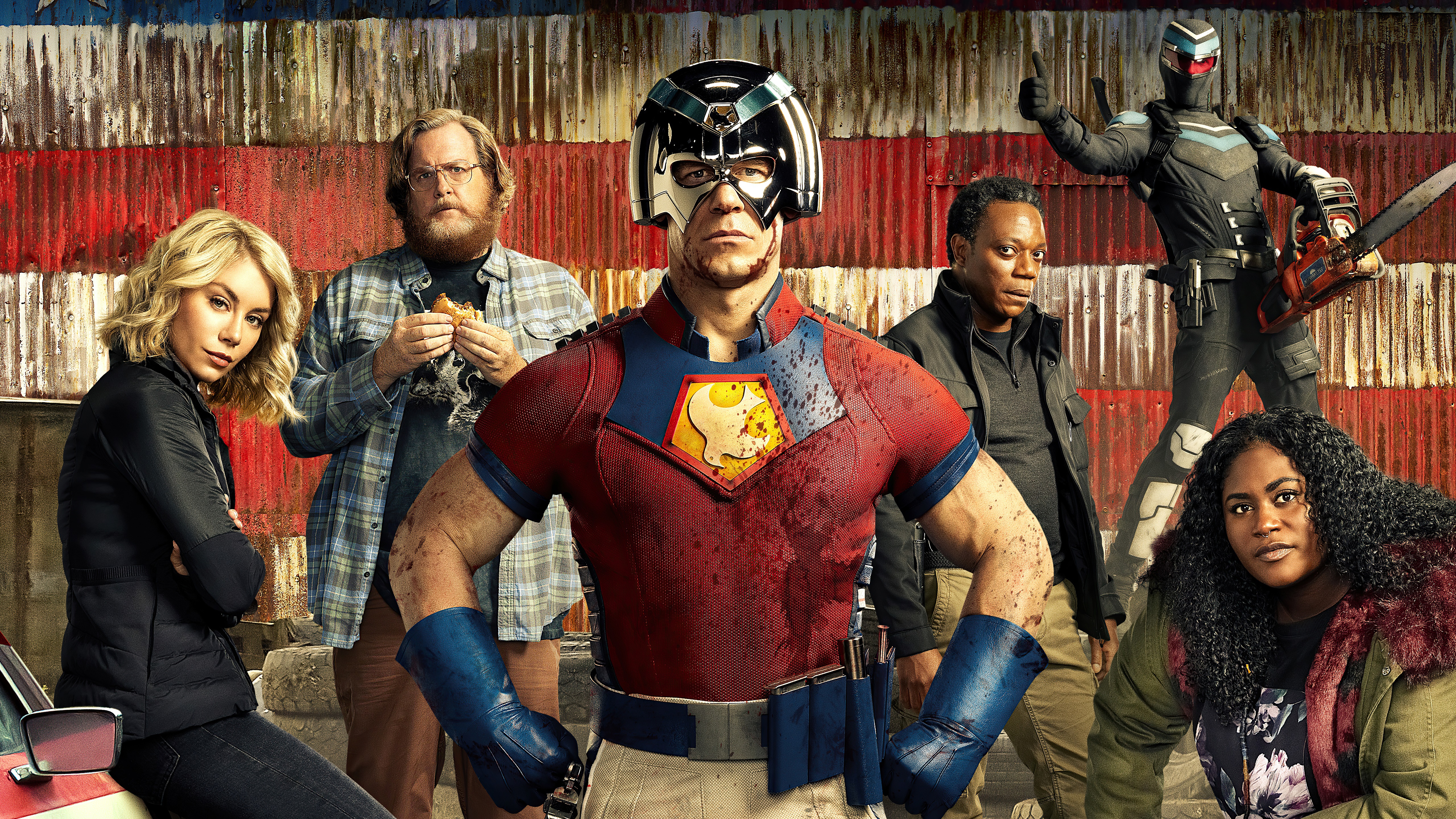 Peacemaker and team in front of American flag HD Wallpaper