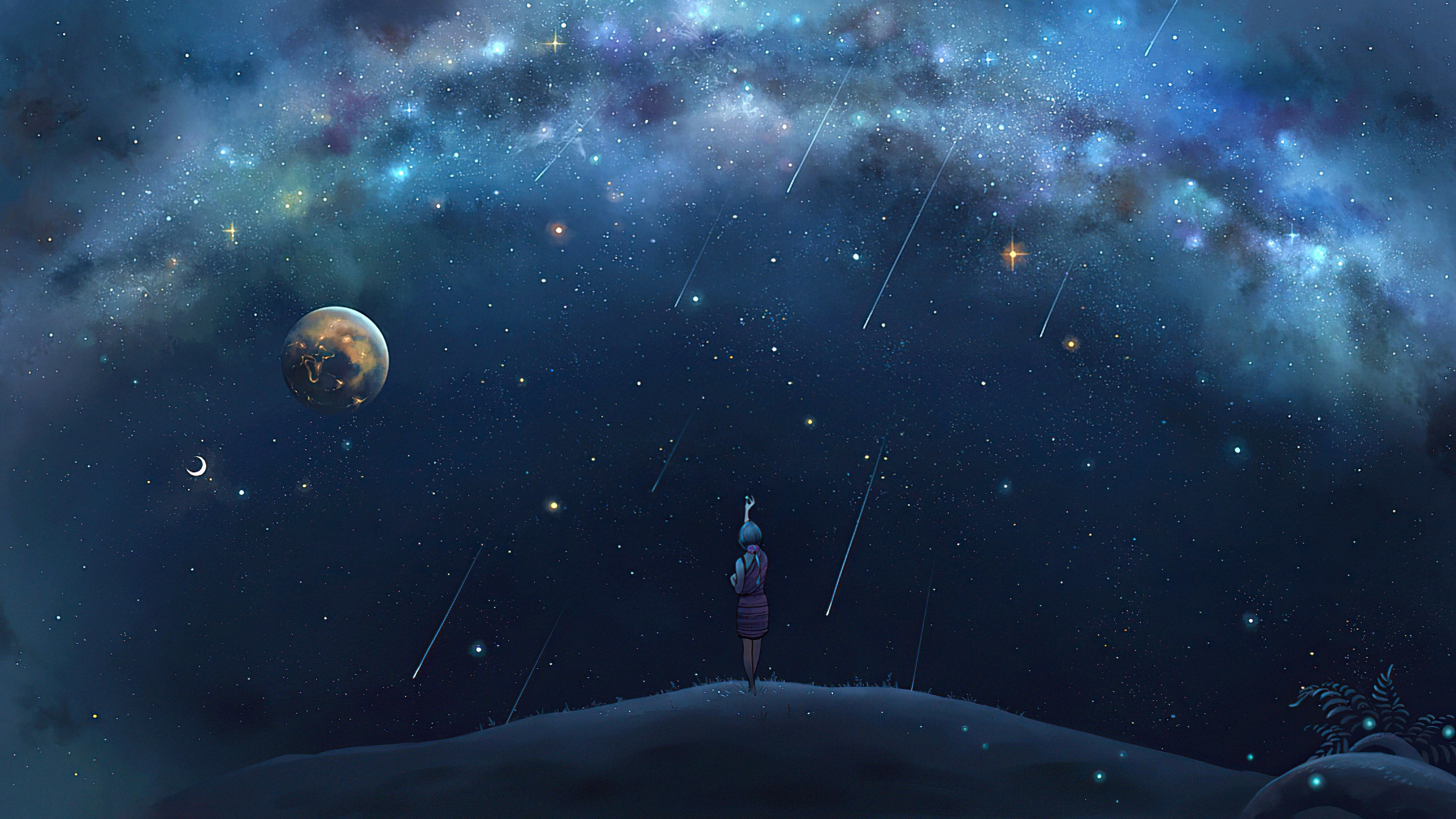 Girl watching shooting stars and planet in the night sky HD Wallpaper