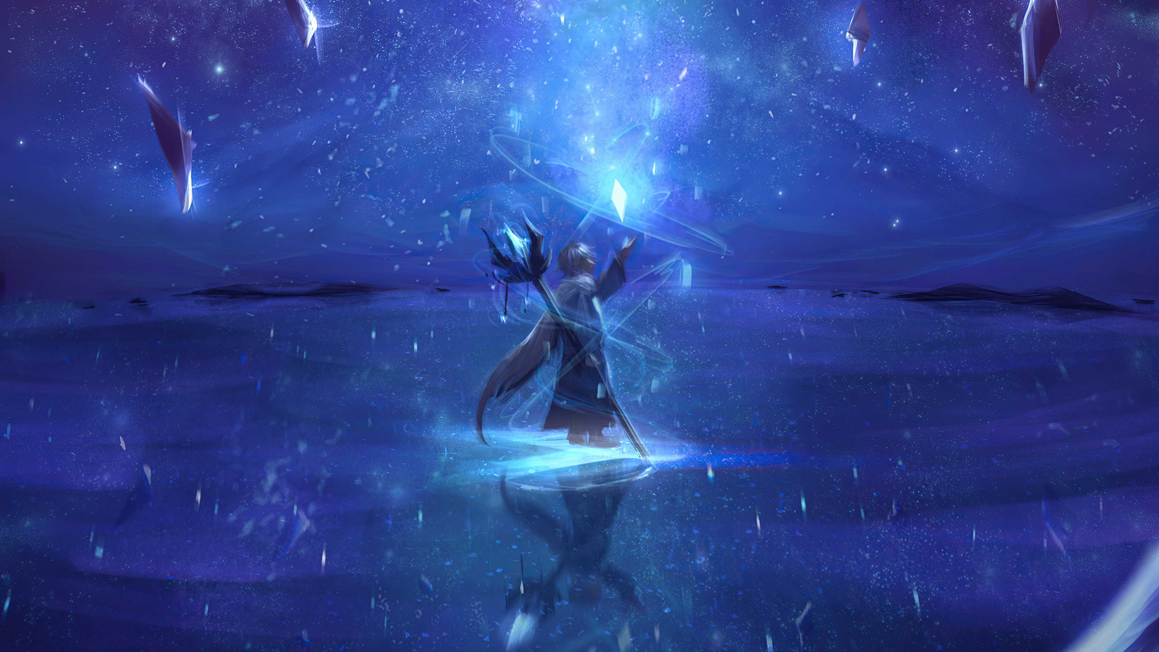 Fantasy character casting a spell in a starry void HD Wallpaper