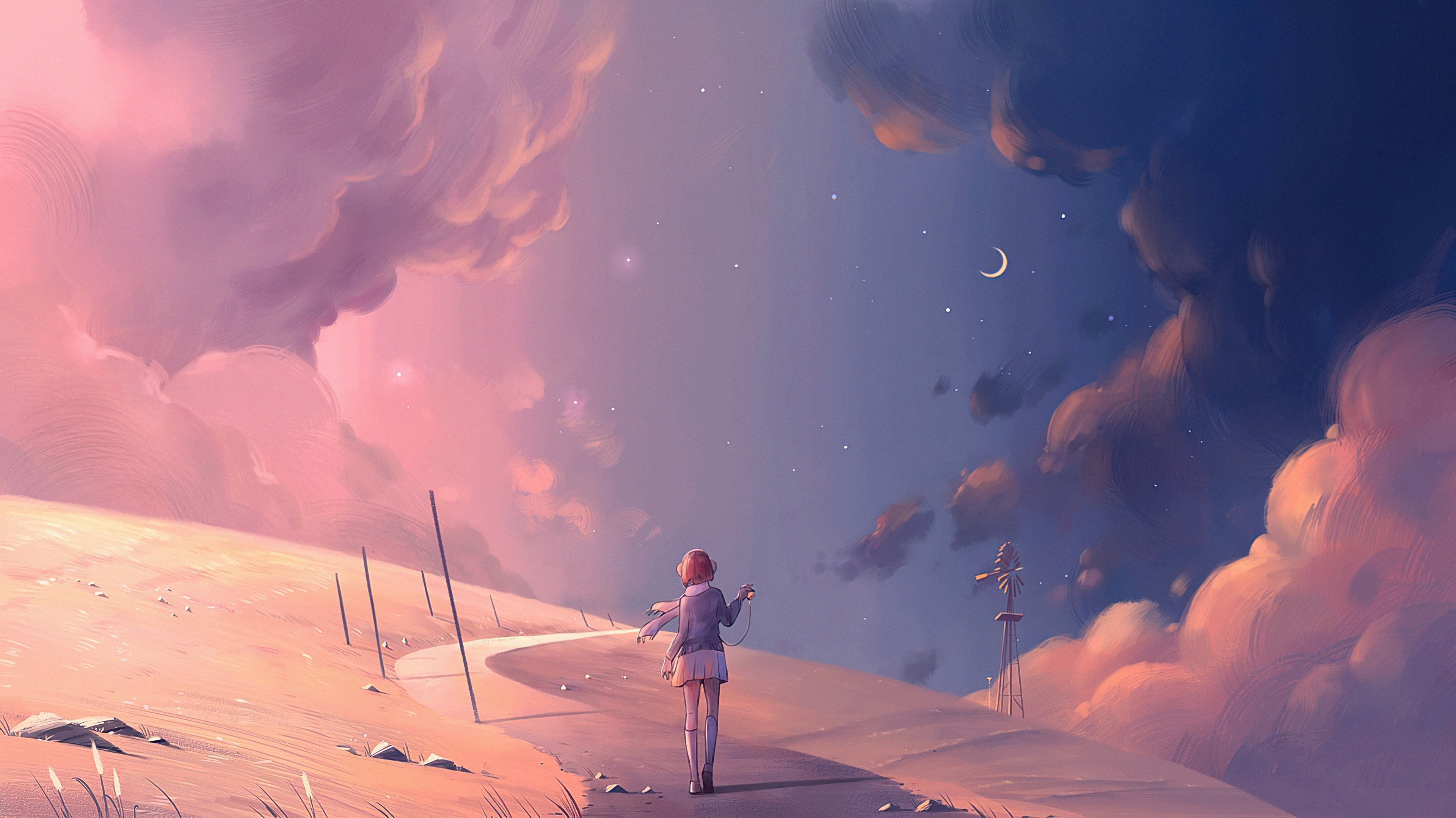 Girl walking on a road with pink and blue clouds HD Wallpaper