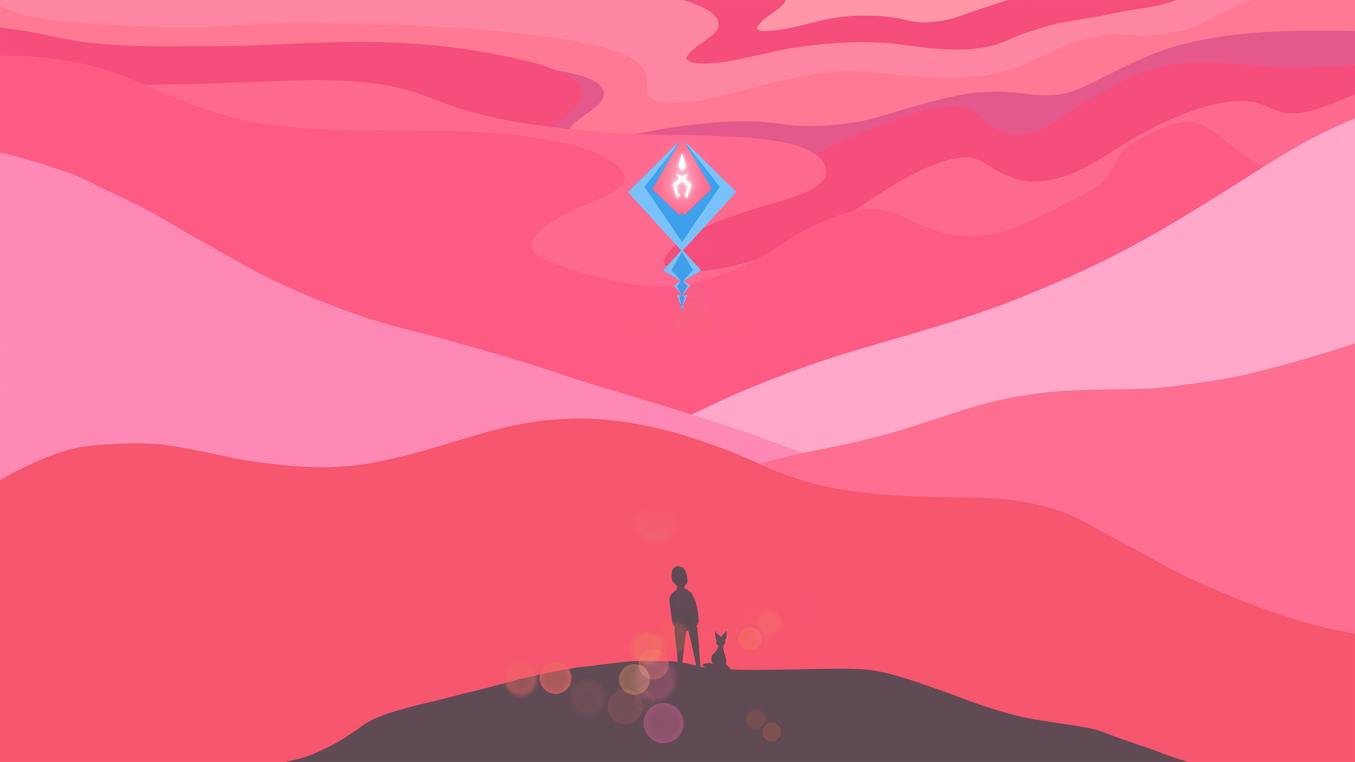 Digital art of a lone figure and animal with a floating artifact HD Wallpaper
