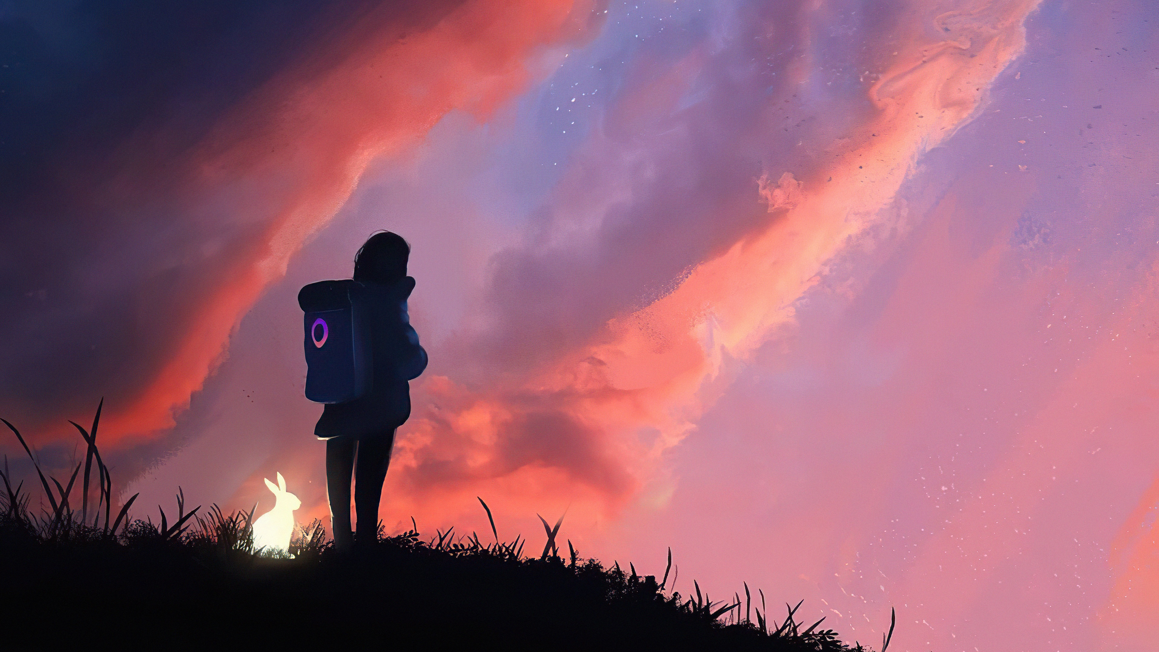 Girl with backpack and glowing rabbit watching sunset HD Wallpaper