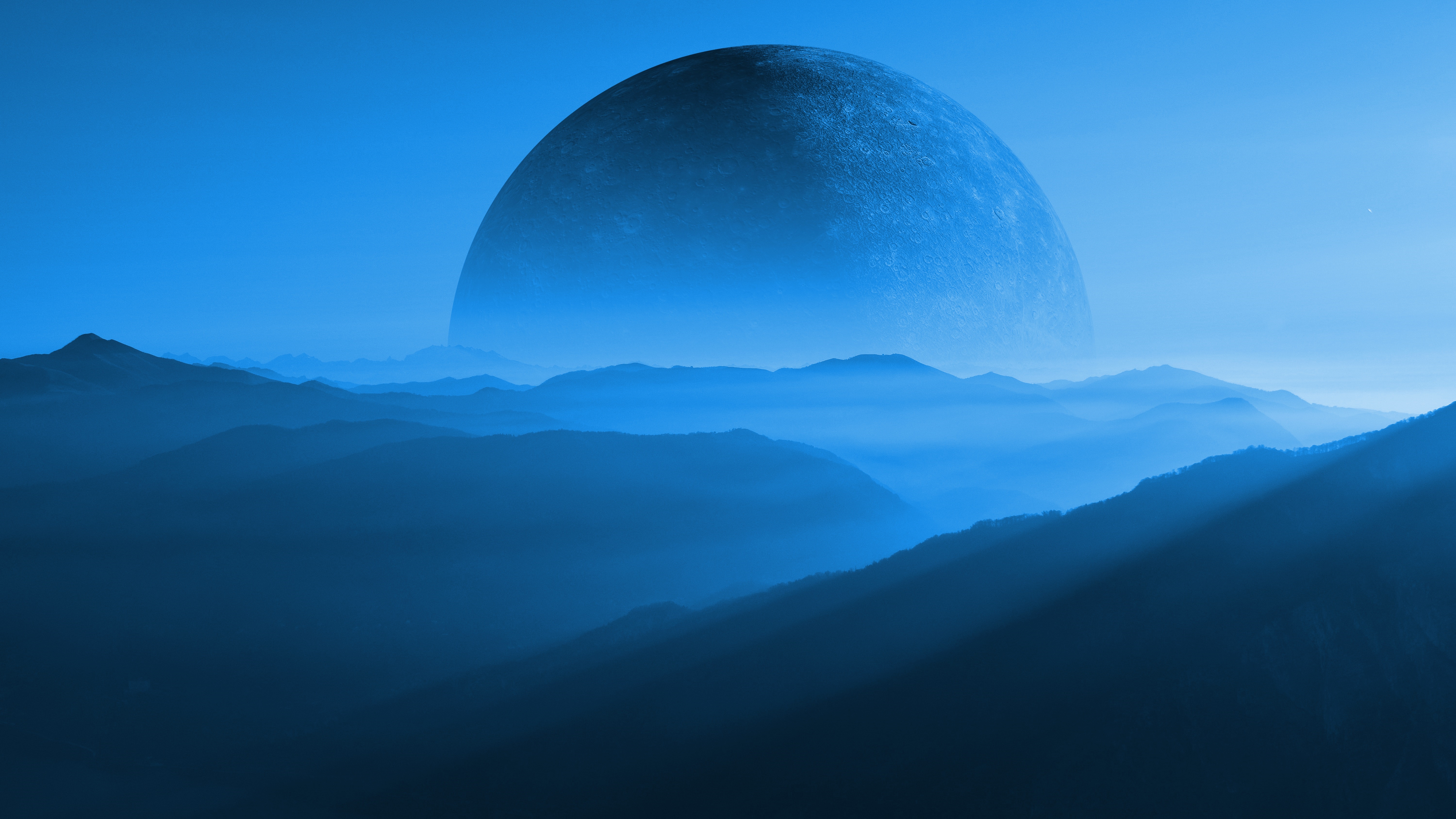Digital art of a planet over mountains HD Wallpaper