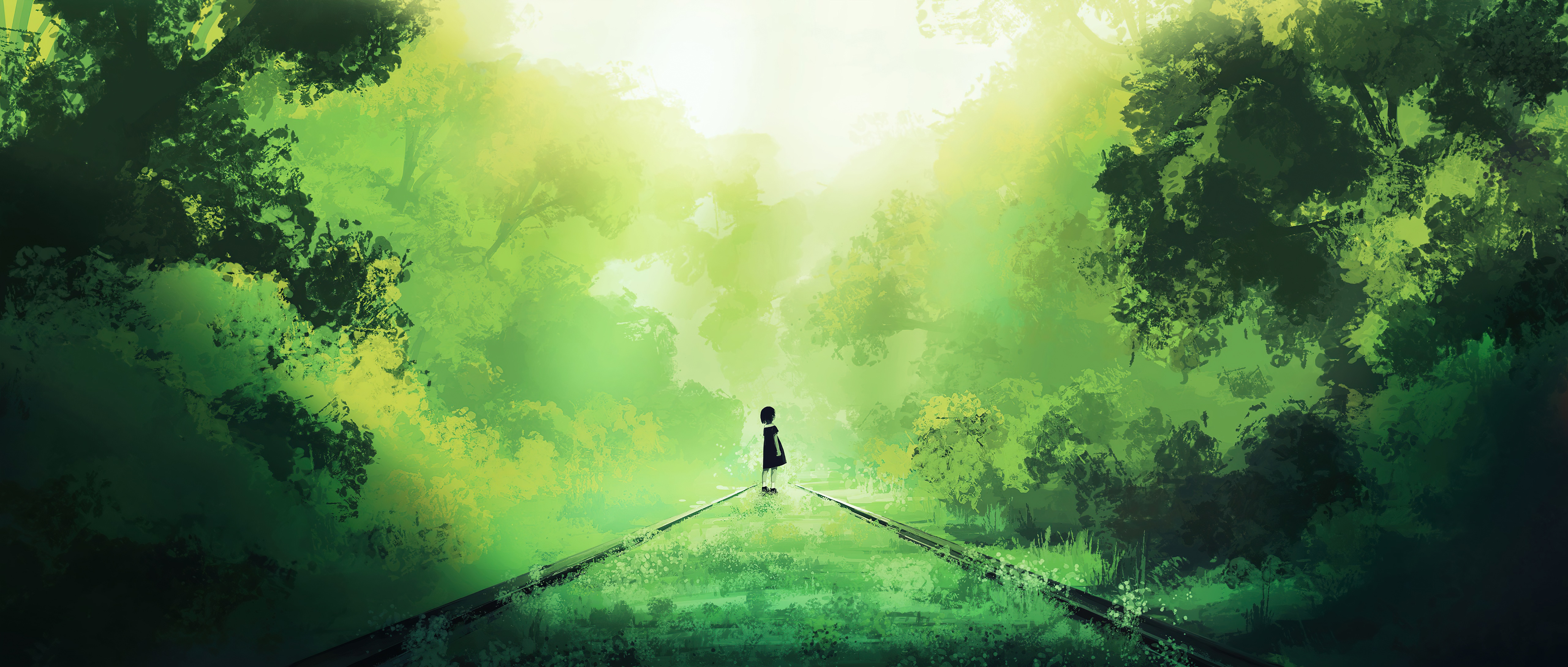 Girl on train tracks in a green forest HD Wallpaper