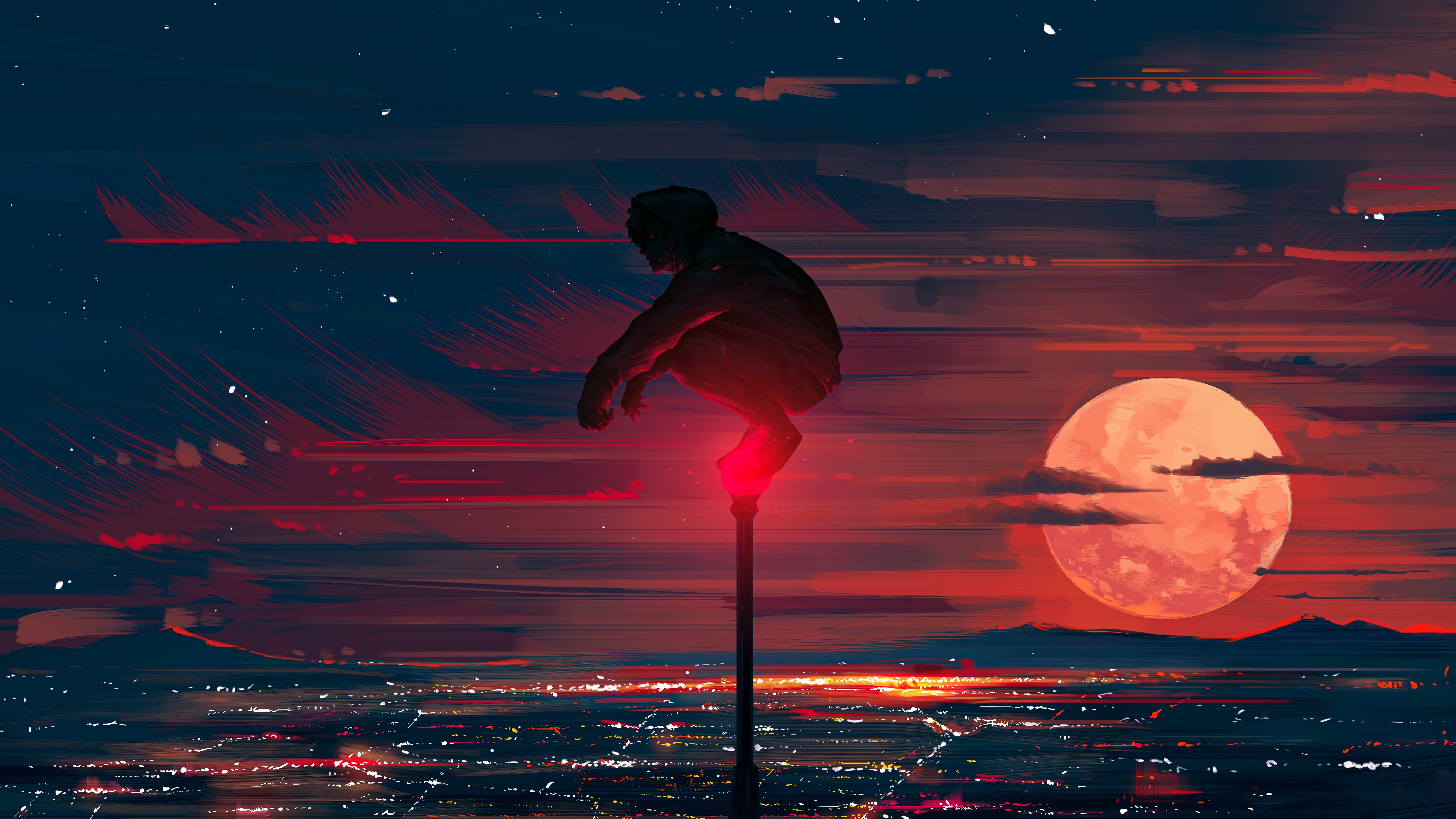 Man crouching on a pole overlooking a city at night with a large moon HD Wallpaper