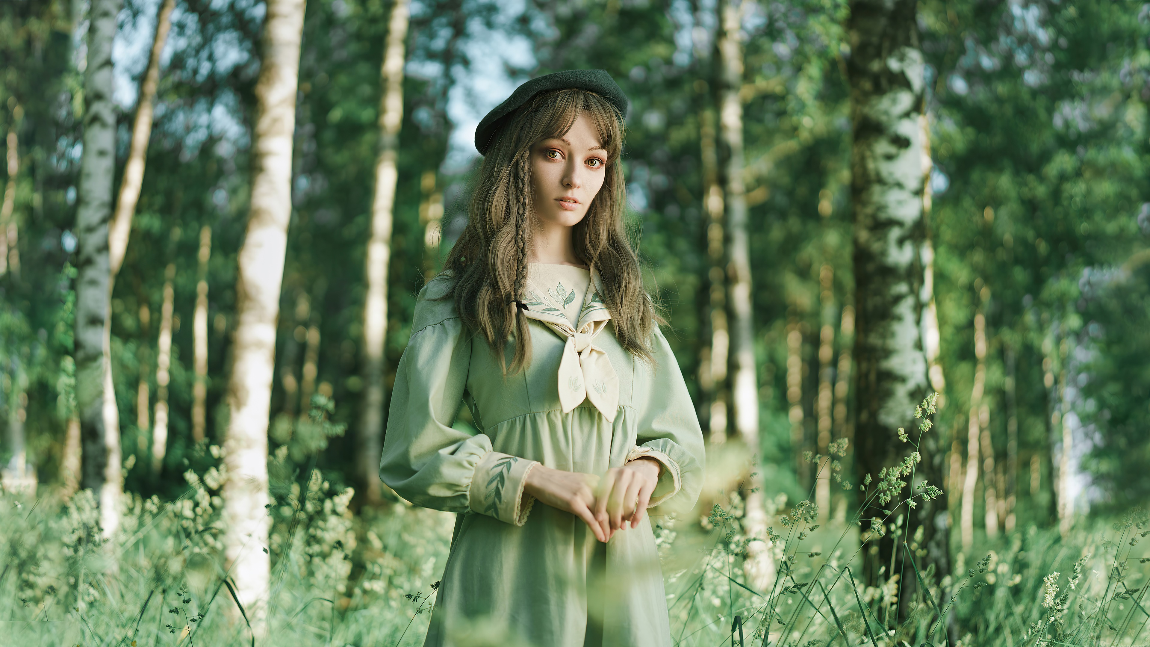 Girl in green dress and beret in forest HD Wallpaper