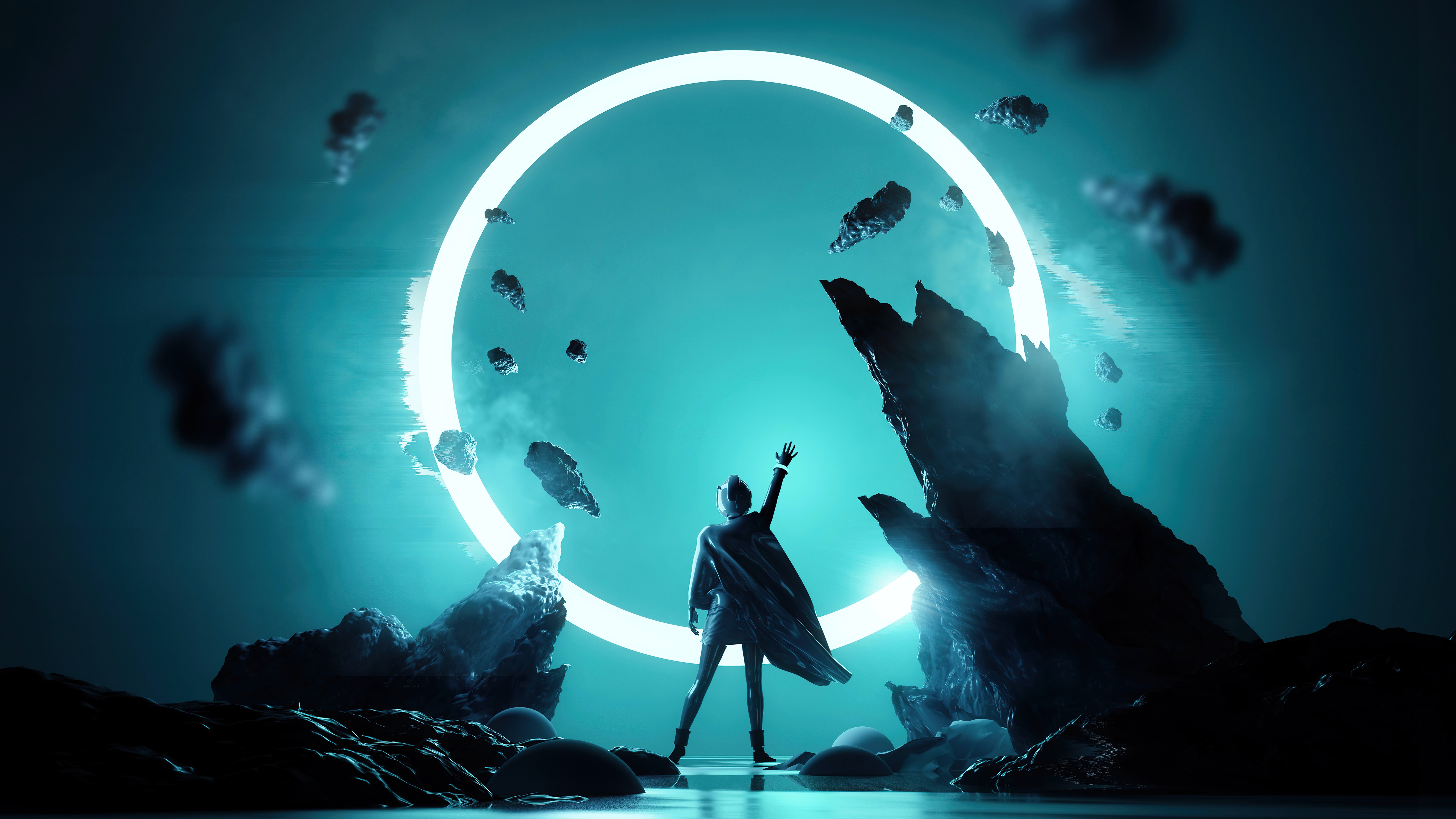 Figure reaching towards glowing ring in space HD Wallpaper