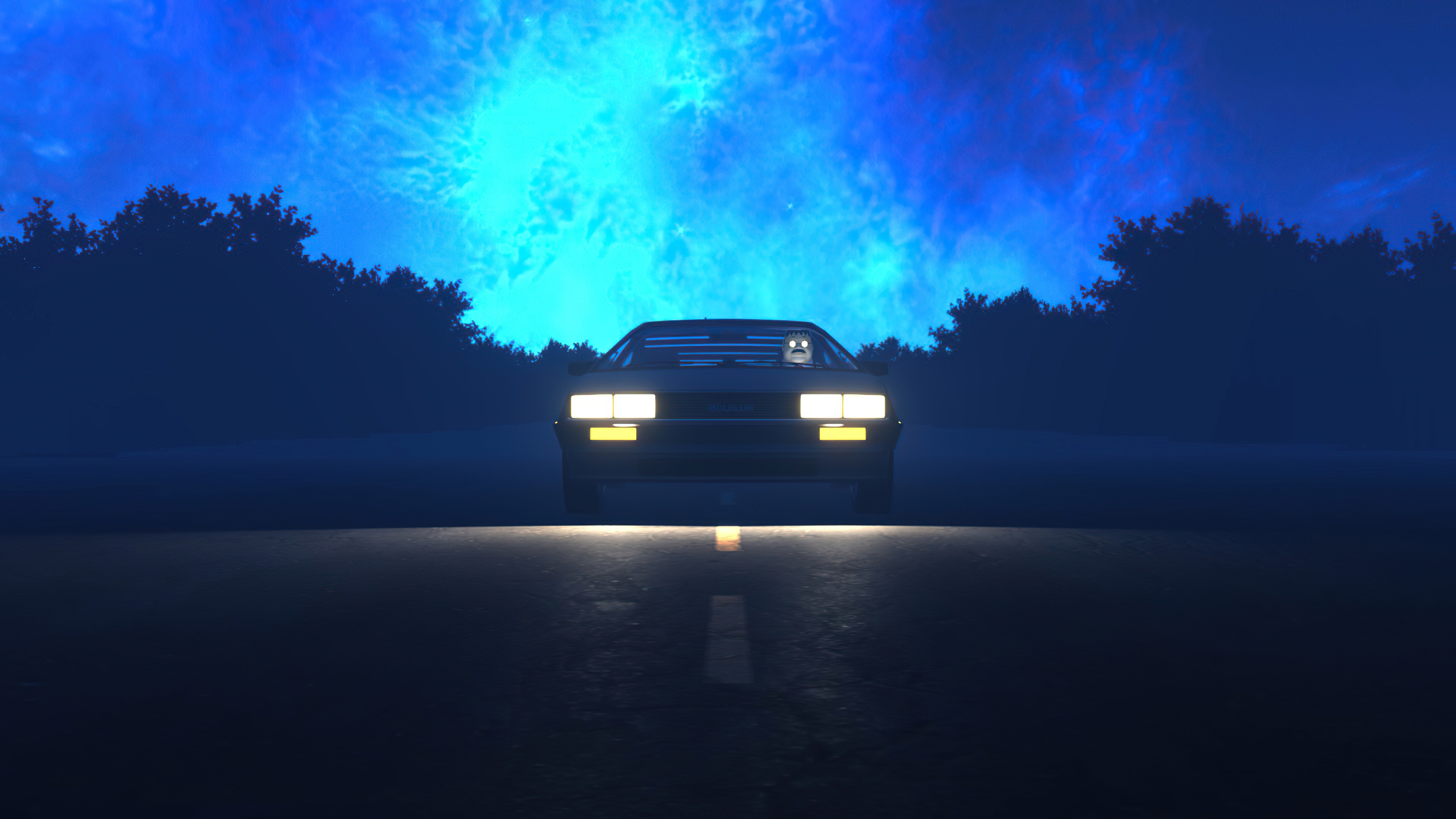 Digital art of a DeLorean car at night HD Wallpaper