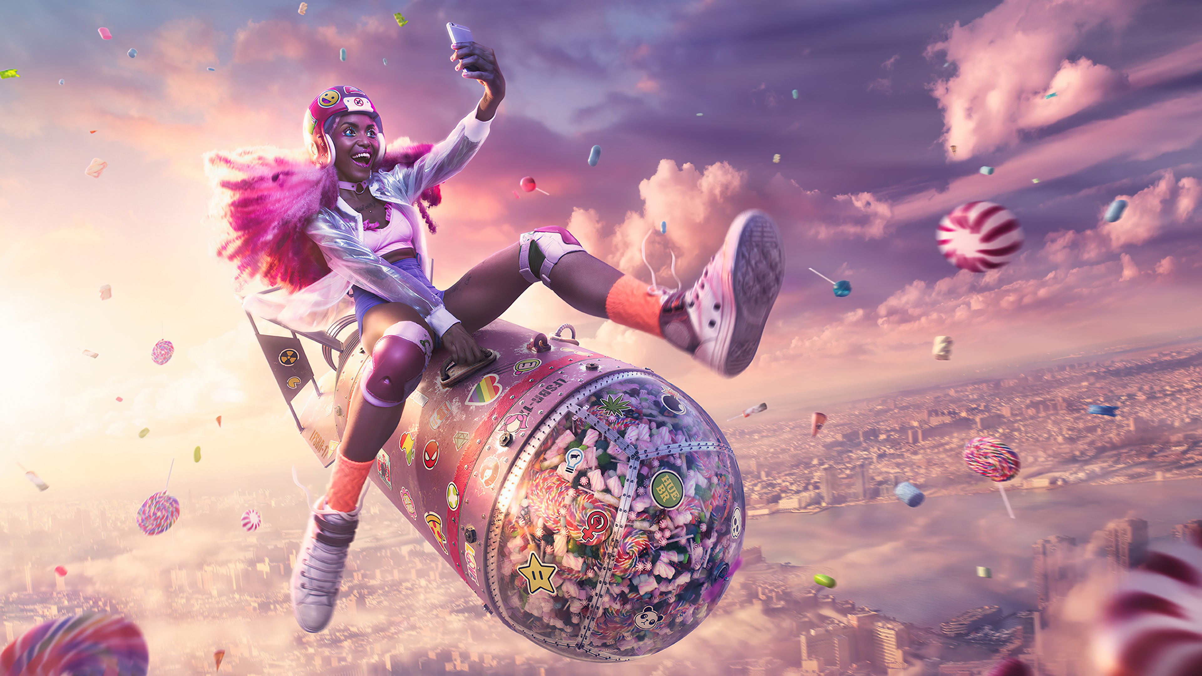 Girl on a bomb filled with candy HD Wallpaper