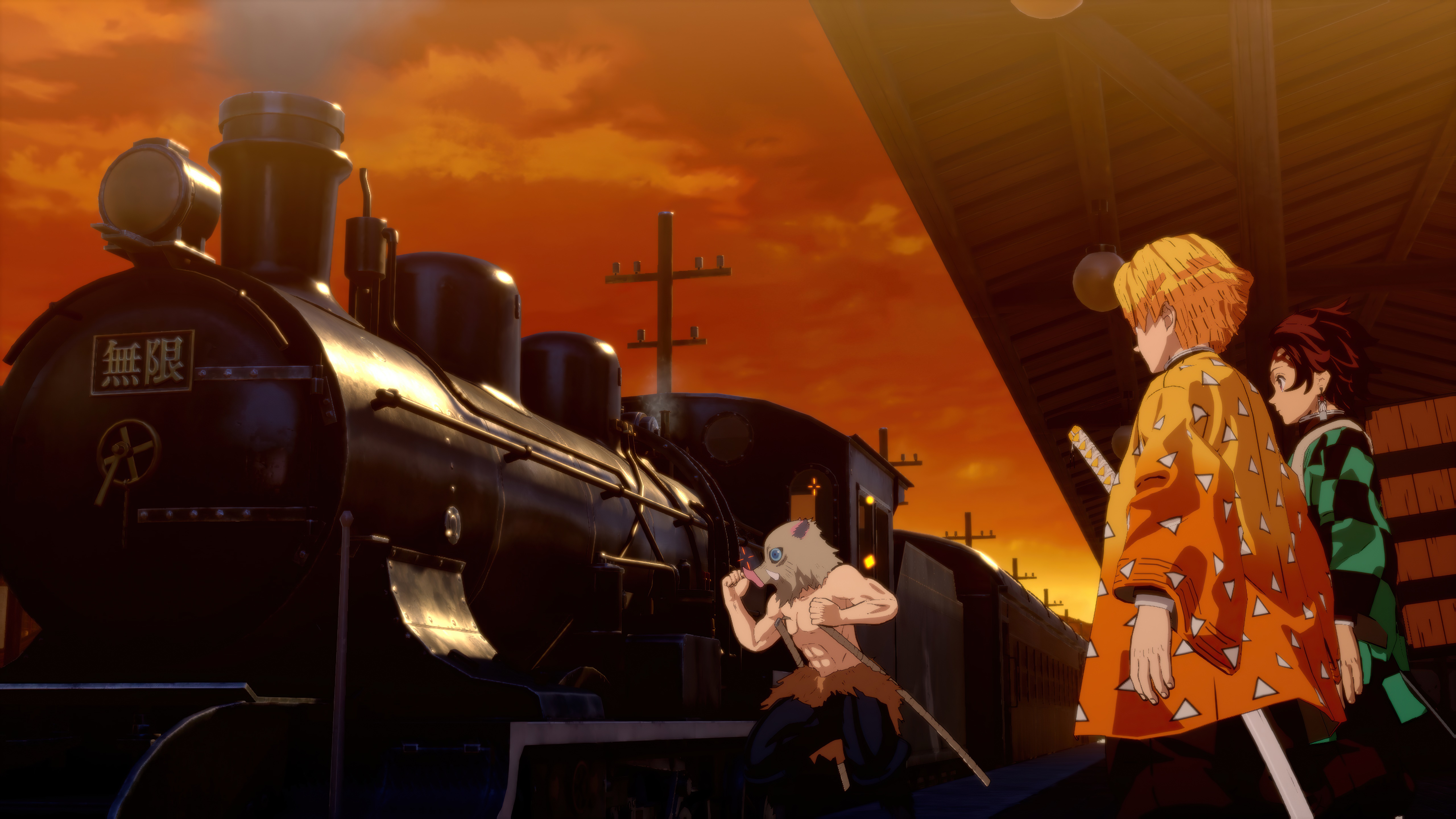 Demon Slayer: Tanjiro, Zenitsu, and Inosuke at a Train Station HD Wallpaper