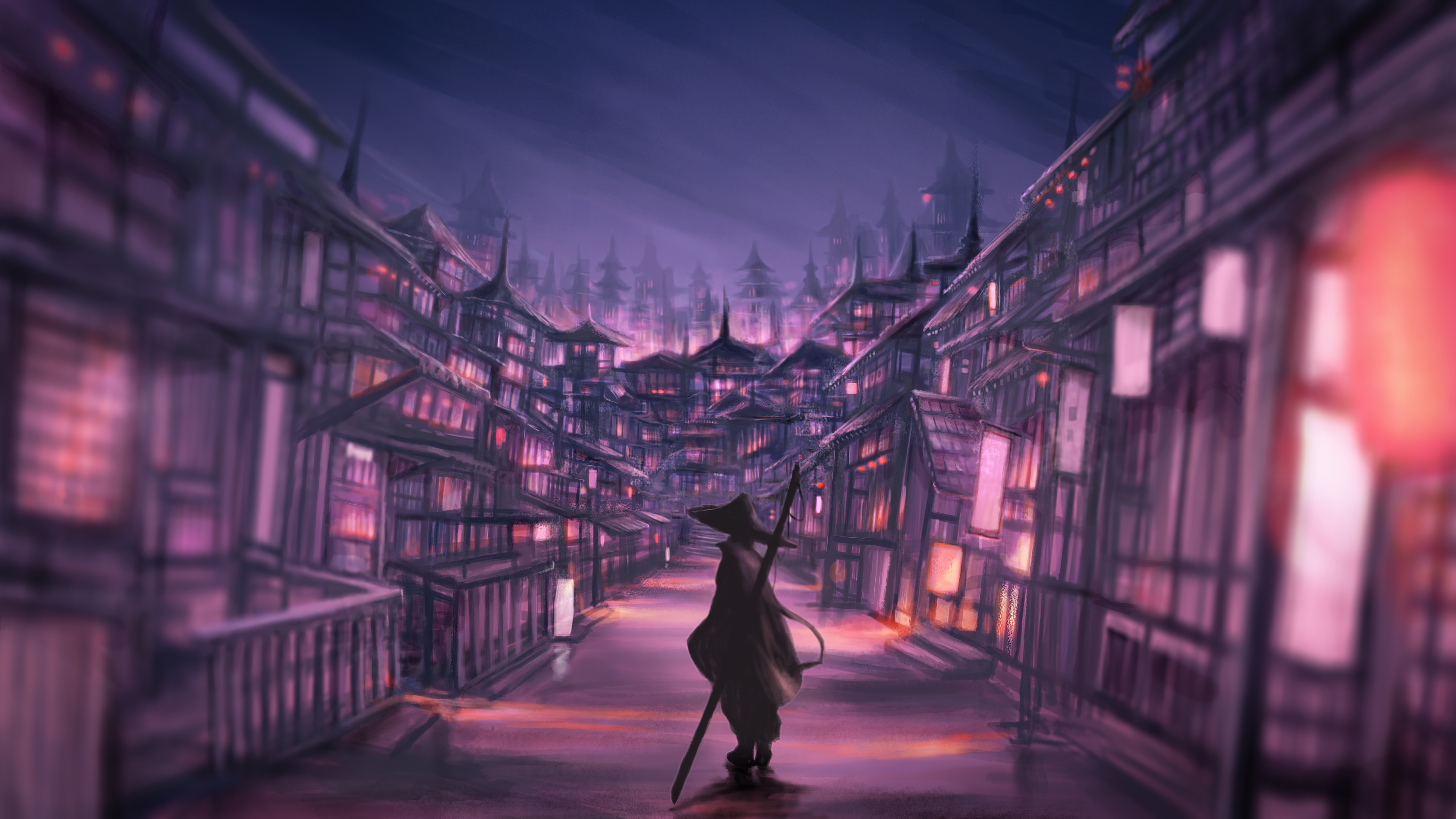 Samurai walking through a Japanese village at night HD Wallpaper