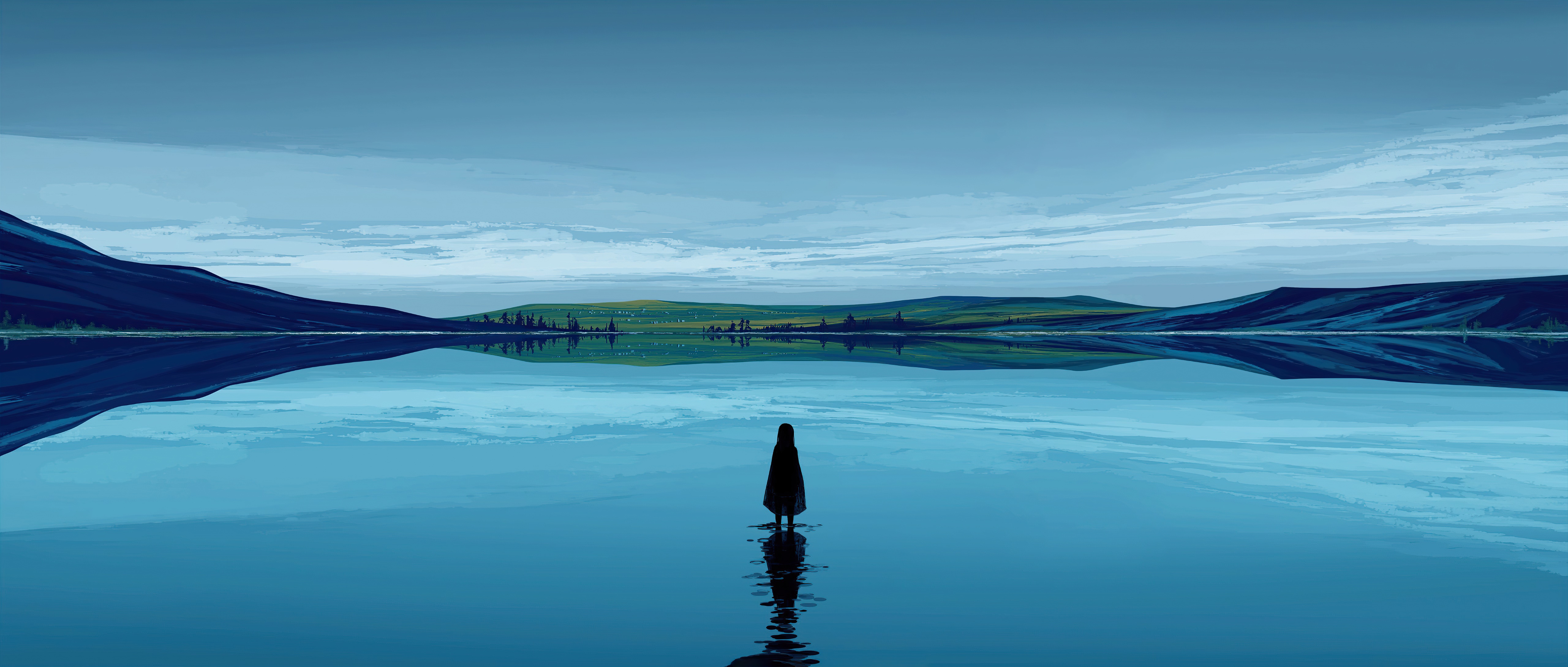 Silhouette of a person standing in a lake HD Wallpaper
