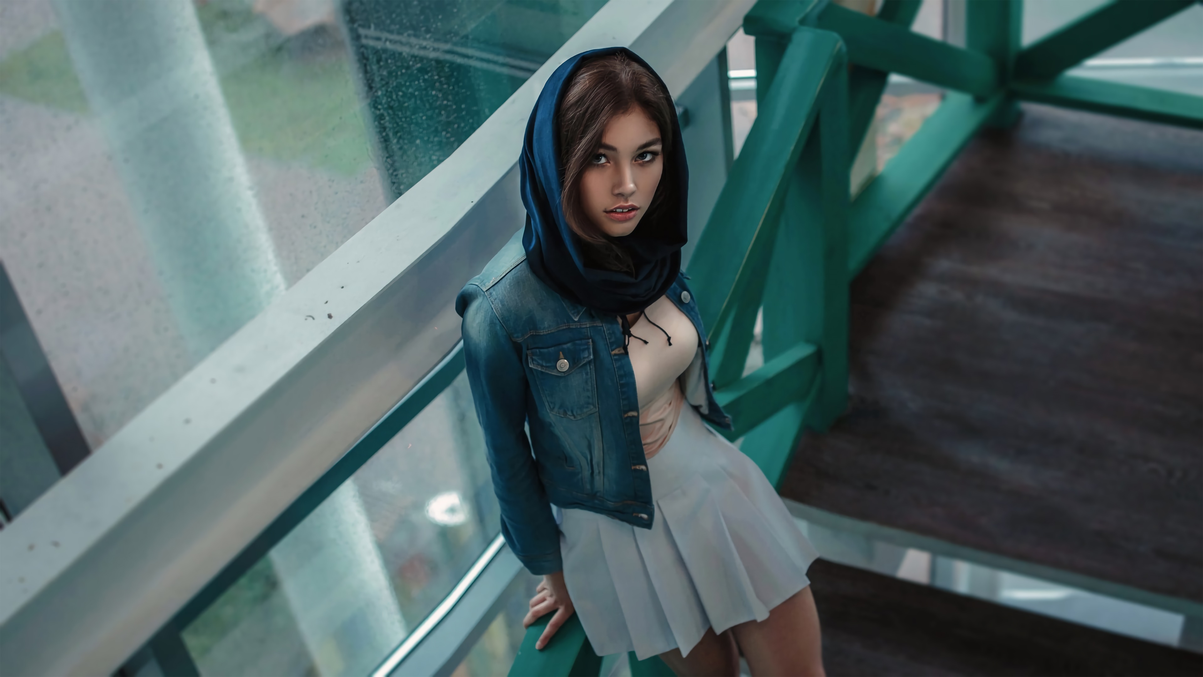 Fashionable Girl in Denim Jacket with Hood HD Wallpaper