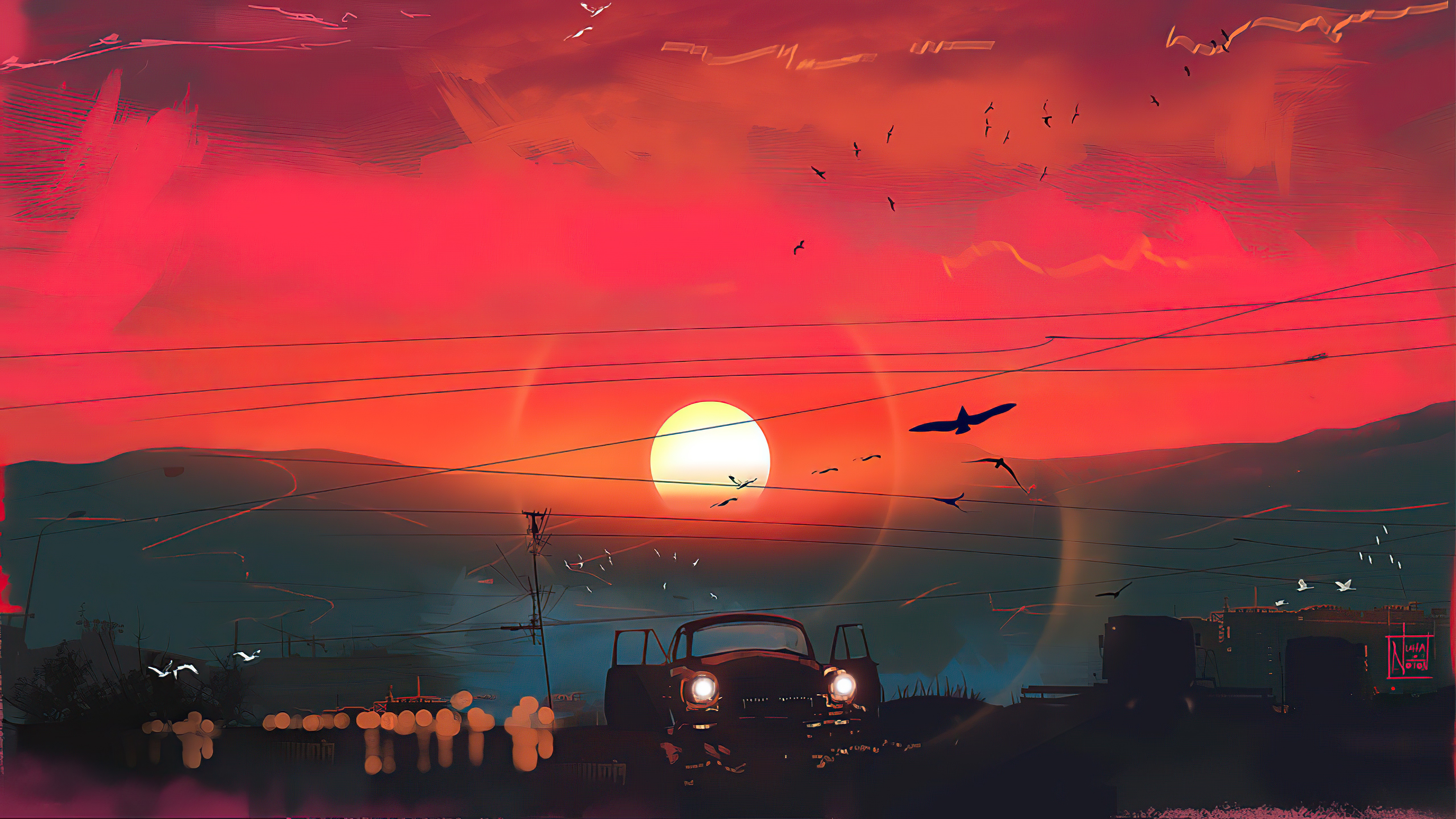 Digital Art of a Car at Sunset HD Wallpaper