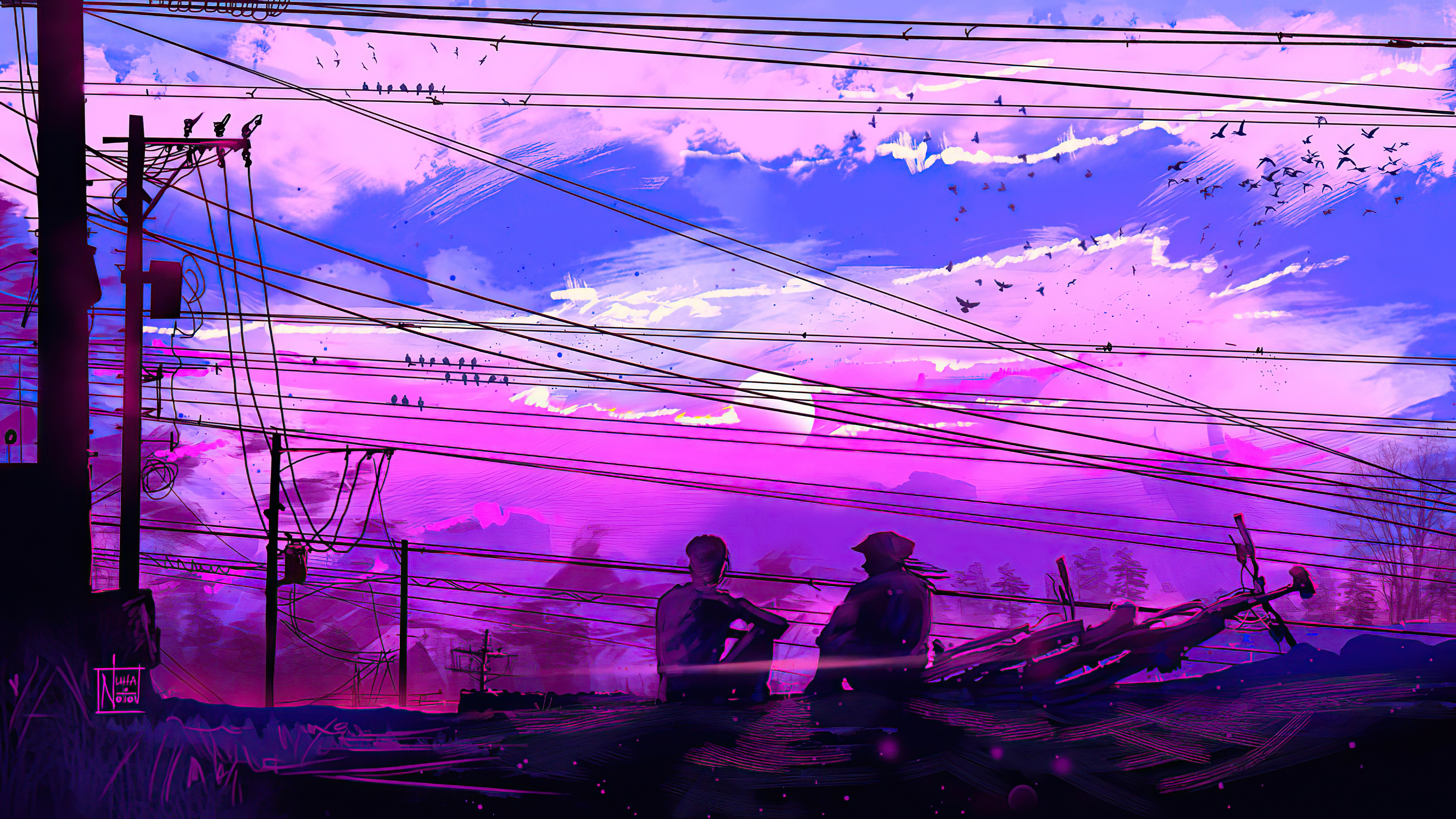 Two figures silhouetted against a vibrant sunset with power lines HD Wallpaper