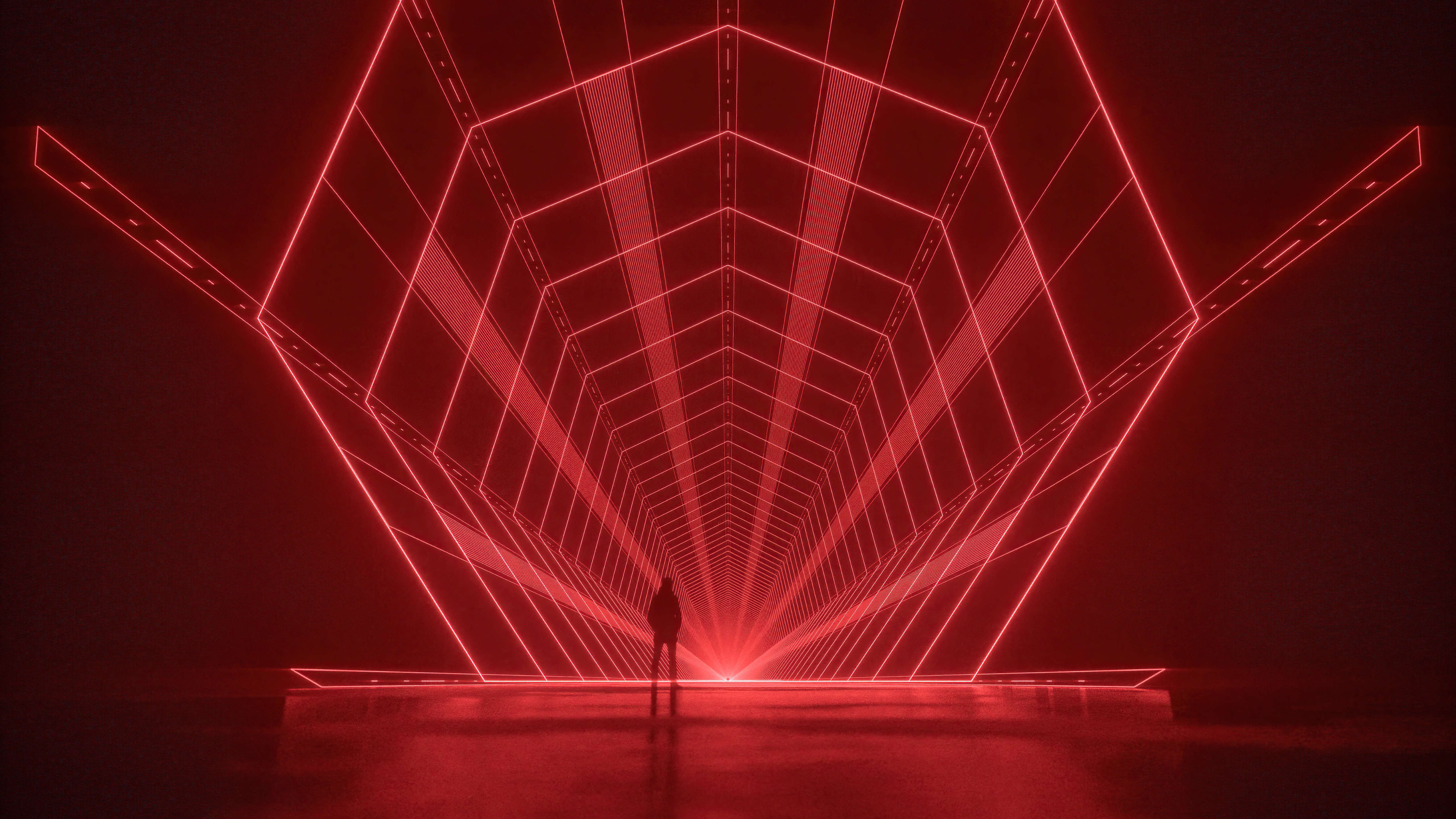 Man standing in a red neon geometric tunnel HD Wallpaper