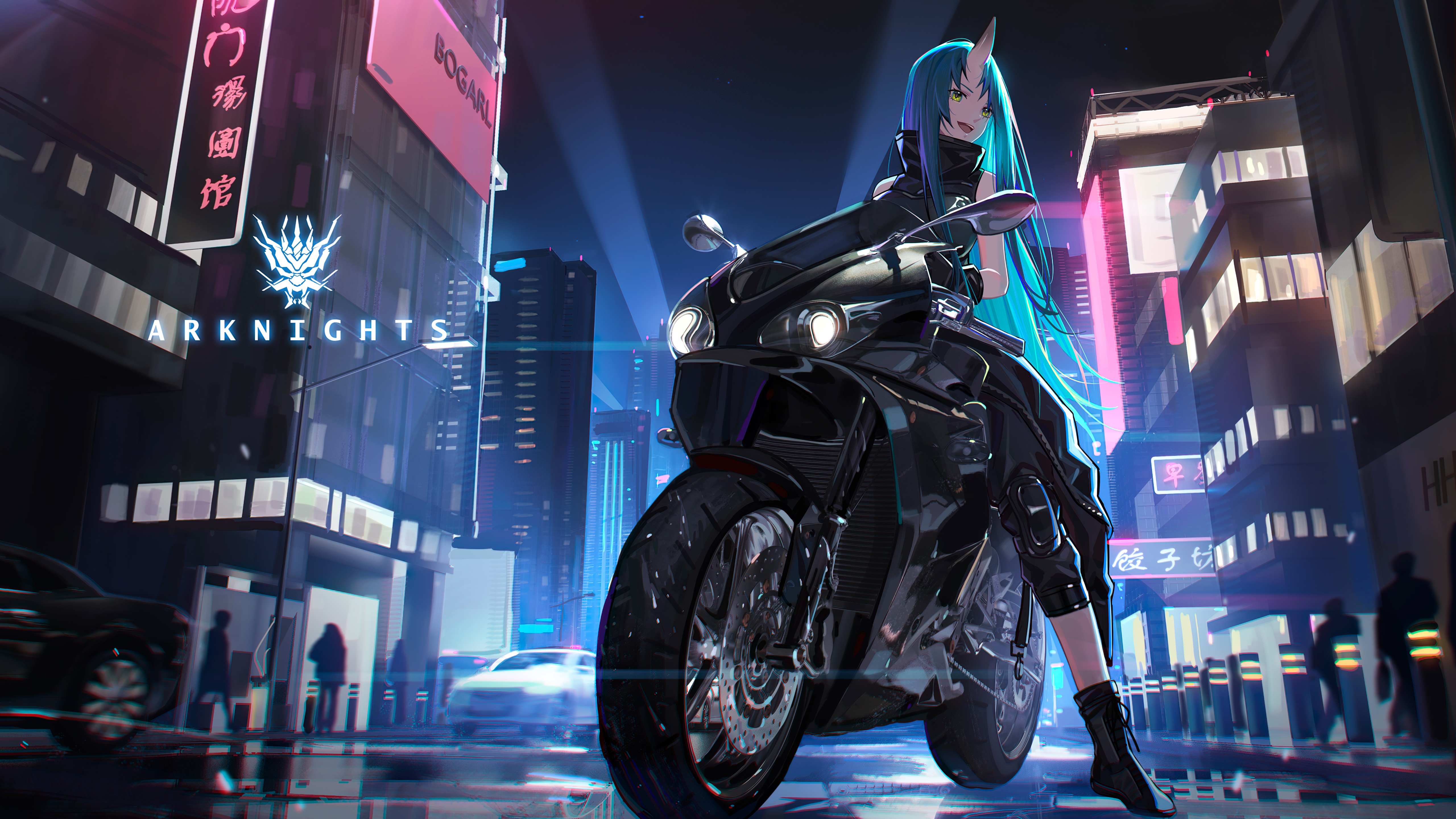 Arknights character on a motorcycle in a city at night HD Wallpaper