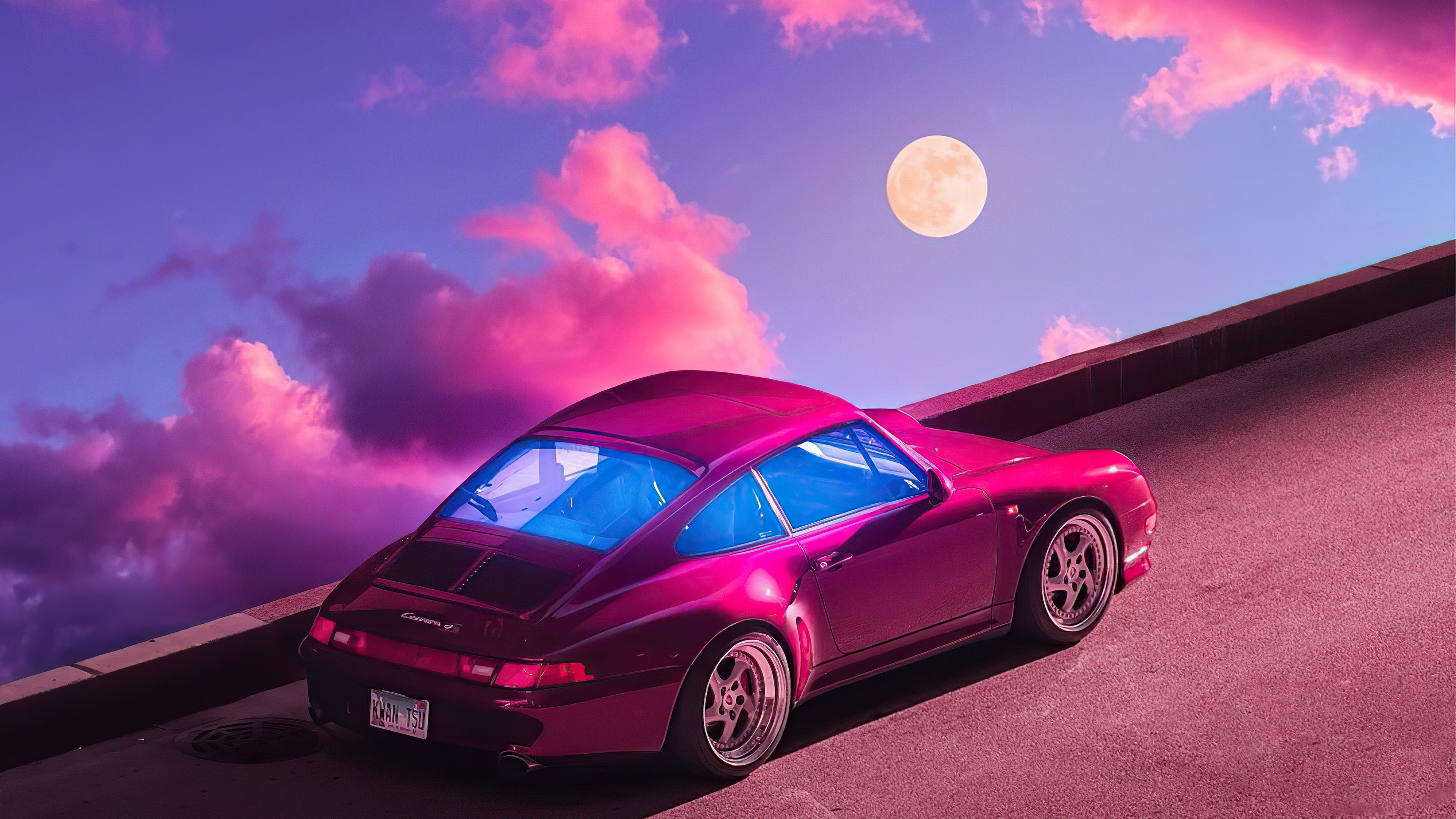 Pink Porsche 911 Carrera 4 on a road with clouds and moon HD Wallpaper