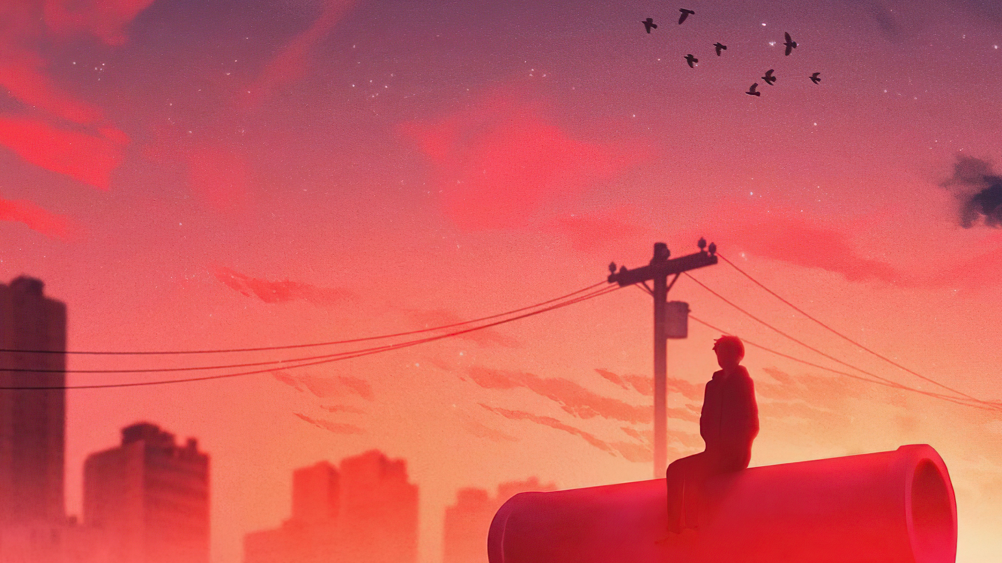 Anime artwork of a person sitting on a pipe at sunset HD Wallpaper