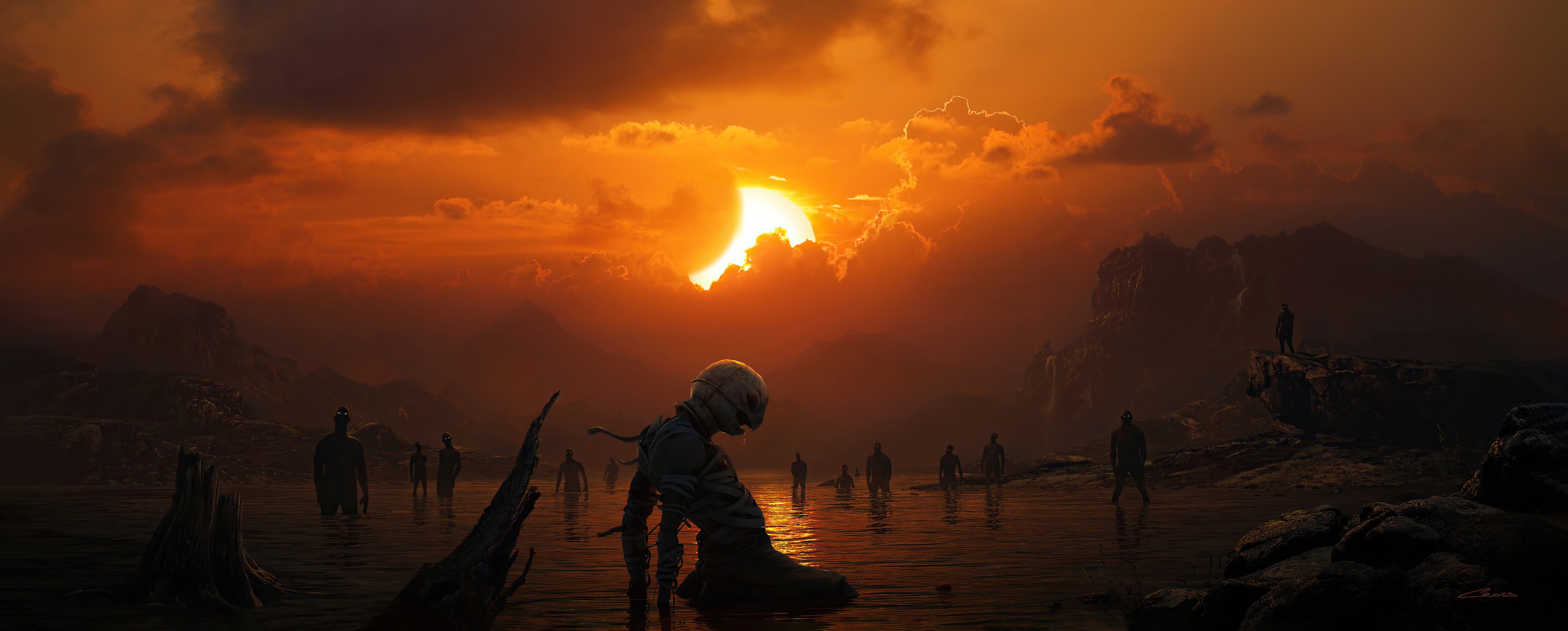 Figures in a surreal landscape during a solar eclipse HD Wallpaper