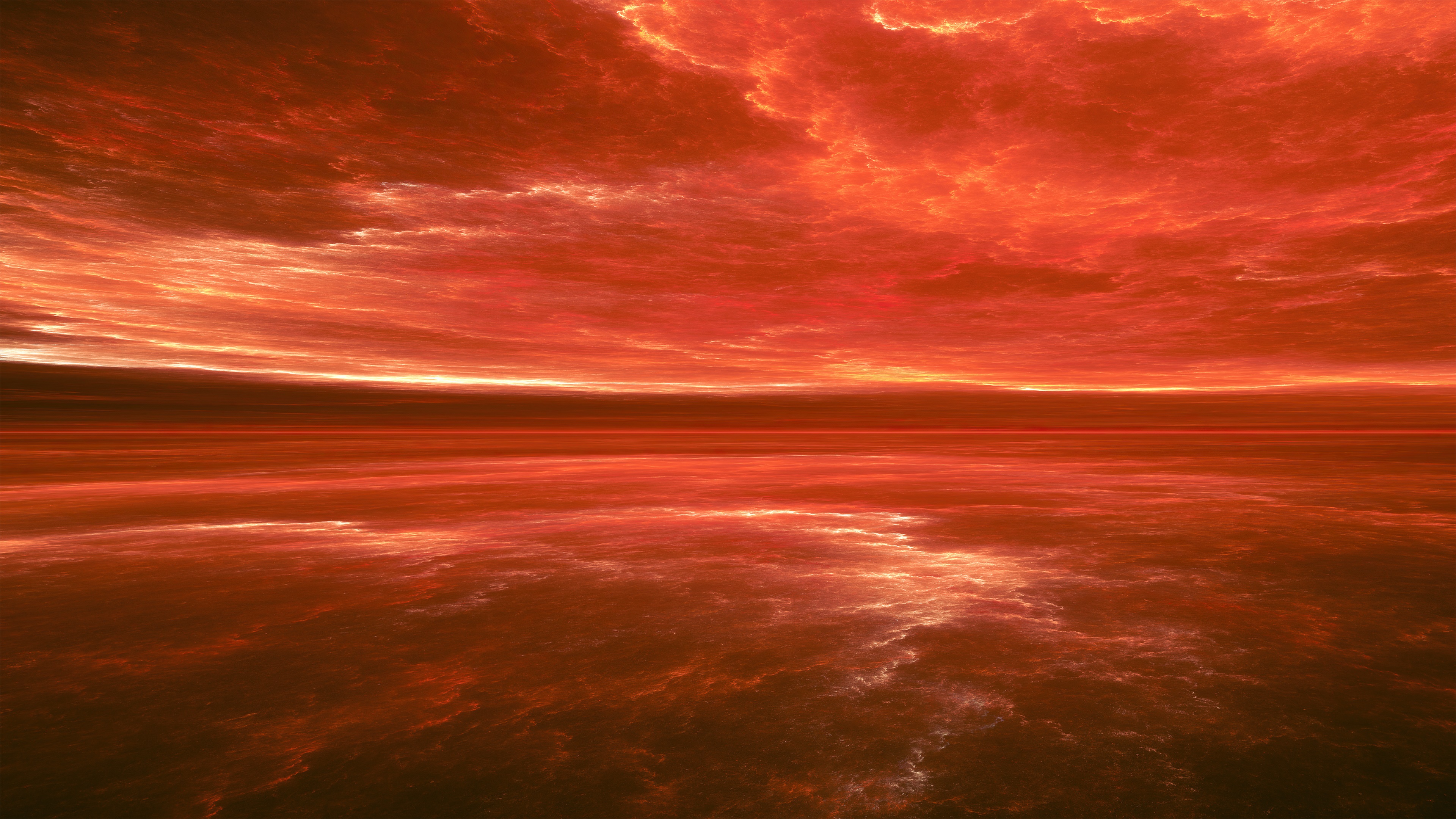 Digital art of a fiery sky over water HD Wallpaper