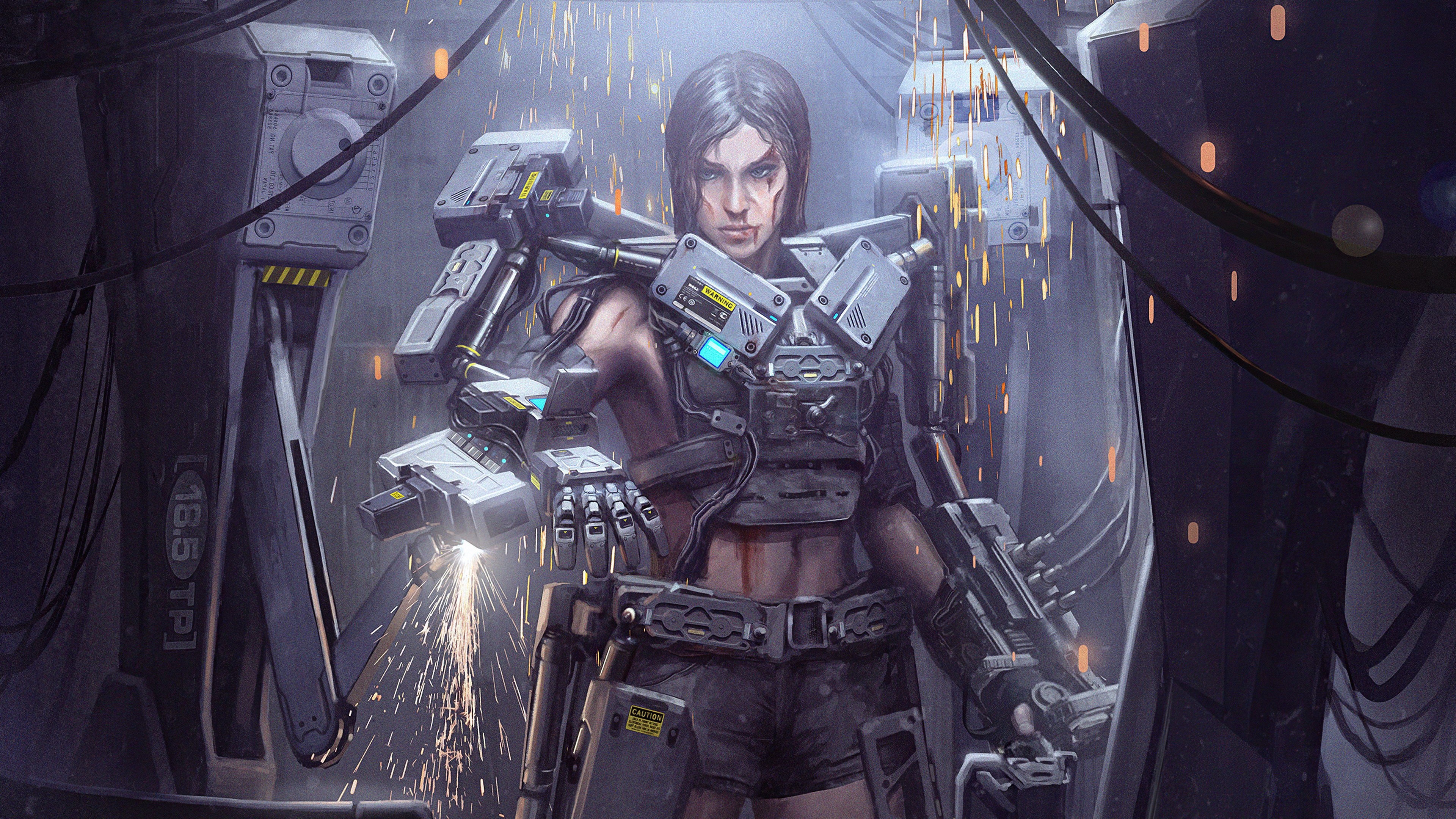 Cyborg woman with mechanical arms in a workshop HD Wallpaper