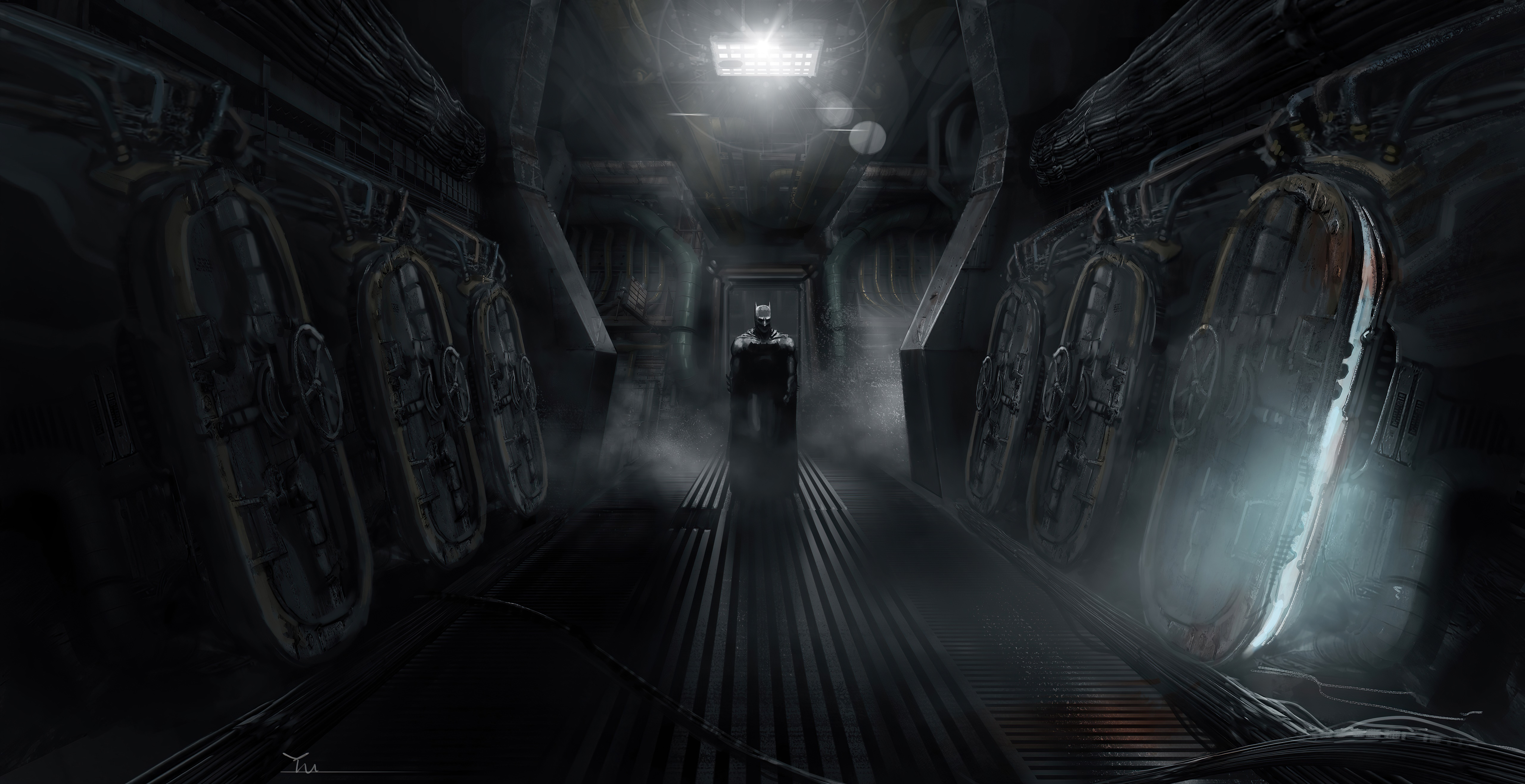 Batman in a dark, industrial hallway HD Wallpaper