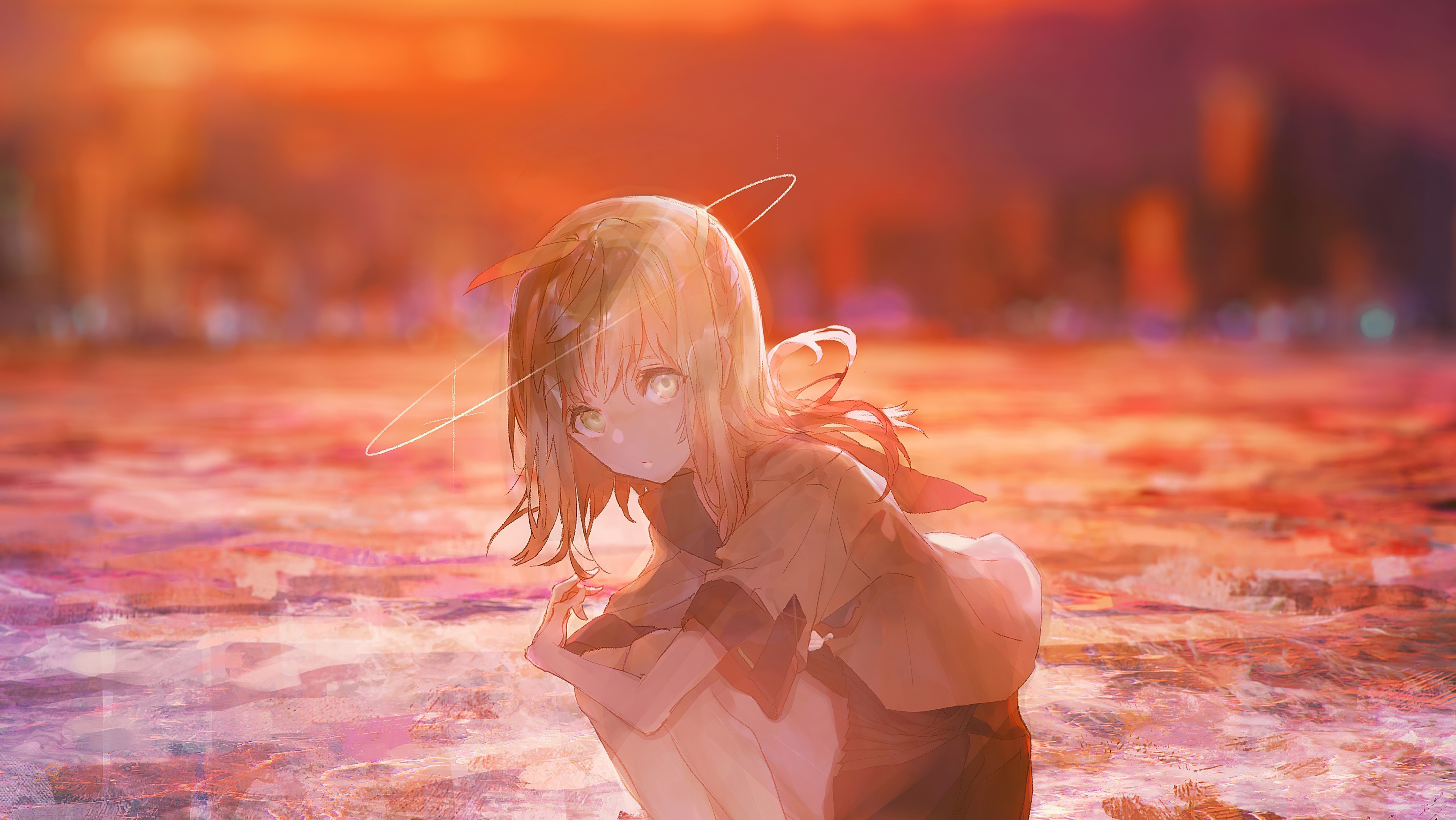 Anime girl with halo at sunset HD Wallpaper