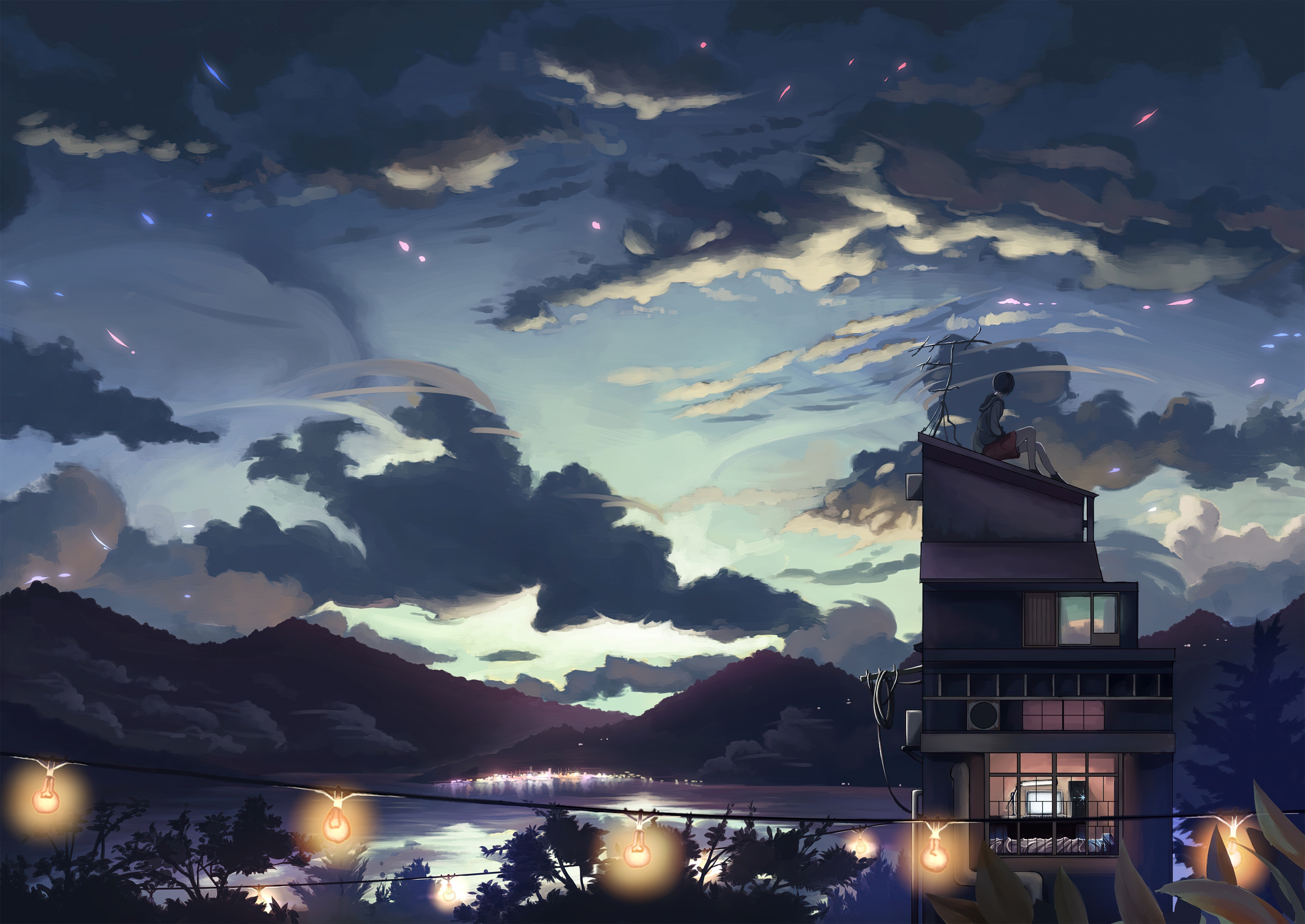 Anime artwork of a girl on a rooftop at dusk HD Wallpaper