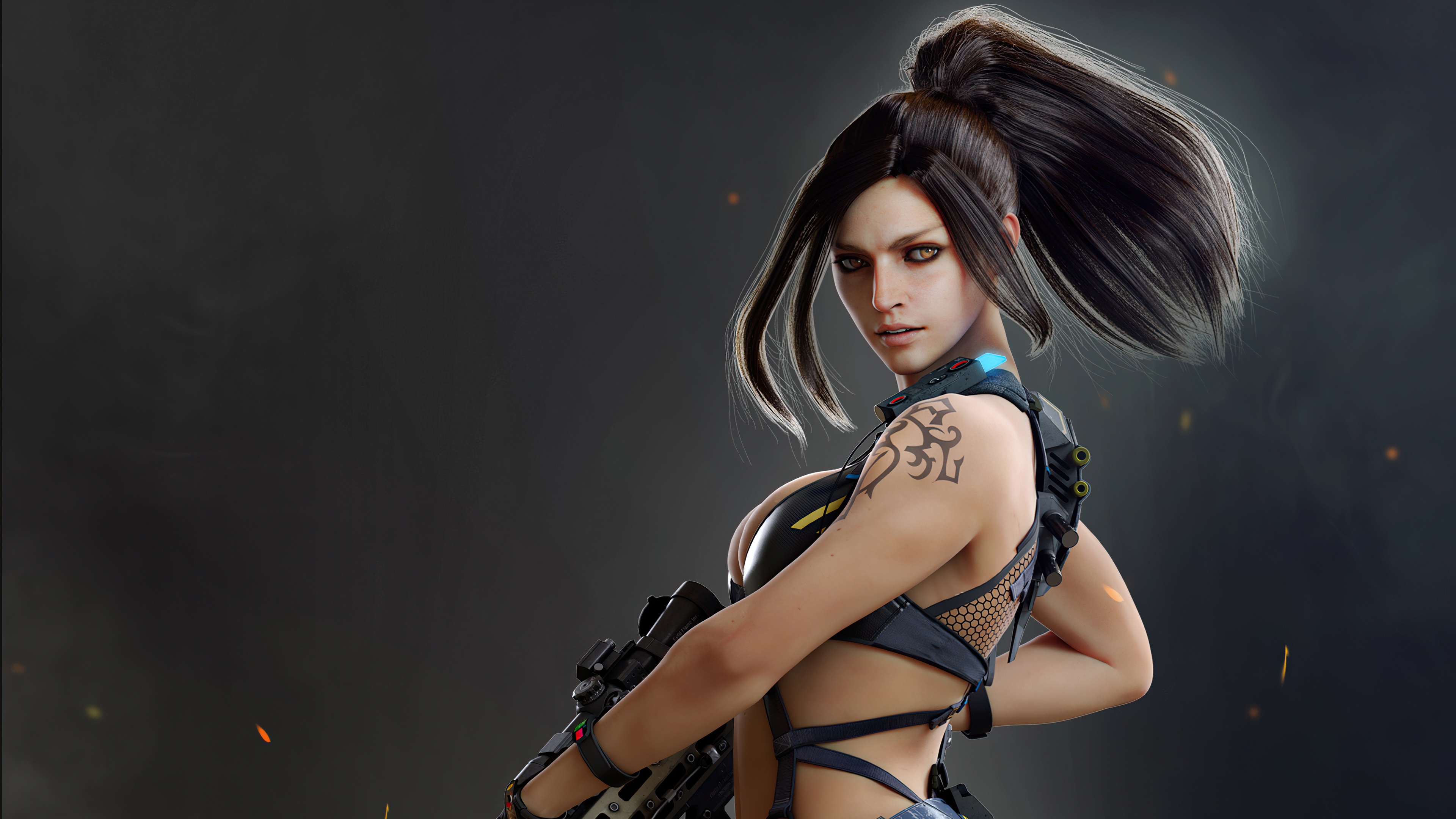 Woman with tattoo and gun HD Wallpaper