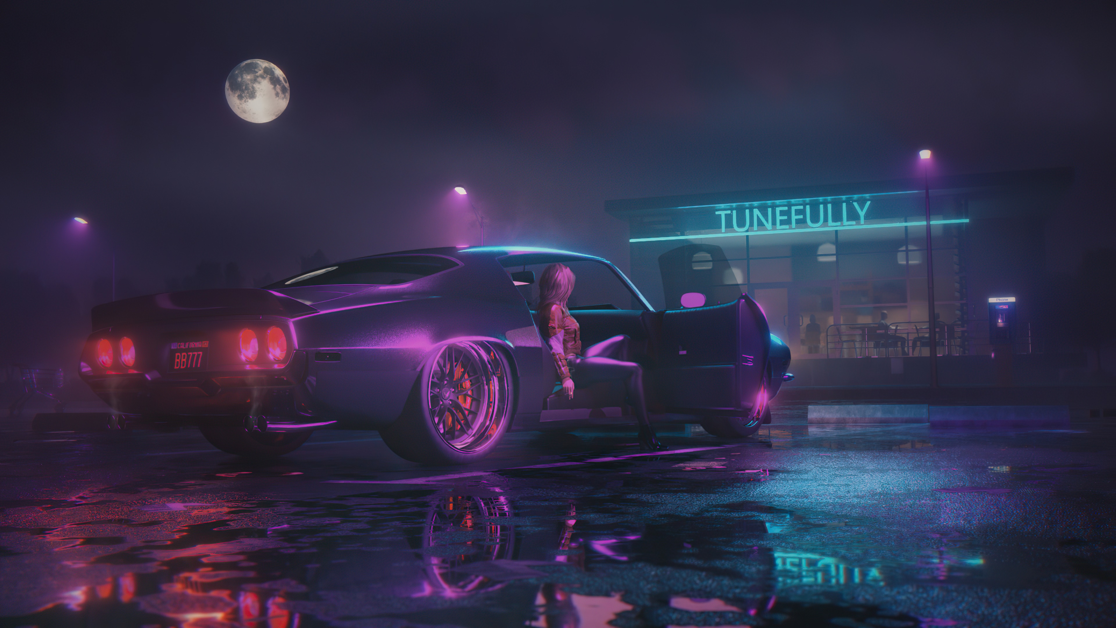 Woman exiting a neon-lit classic car at night HD Wallpaper