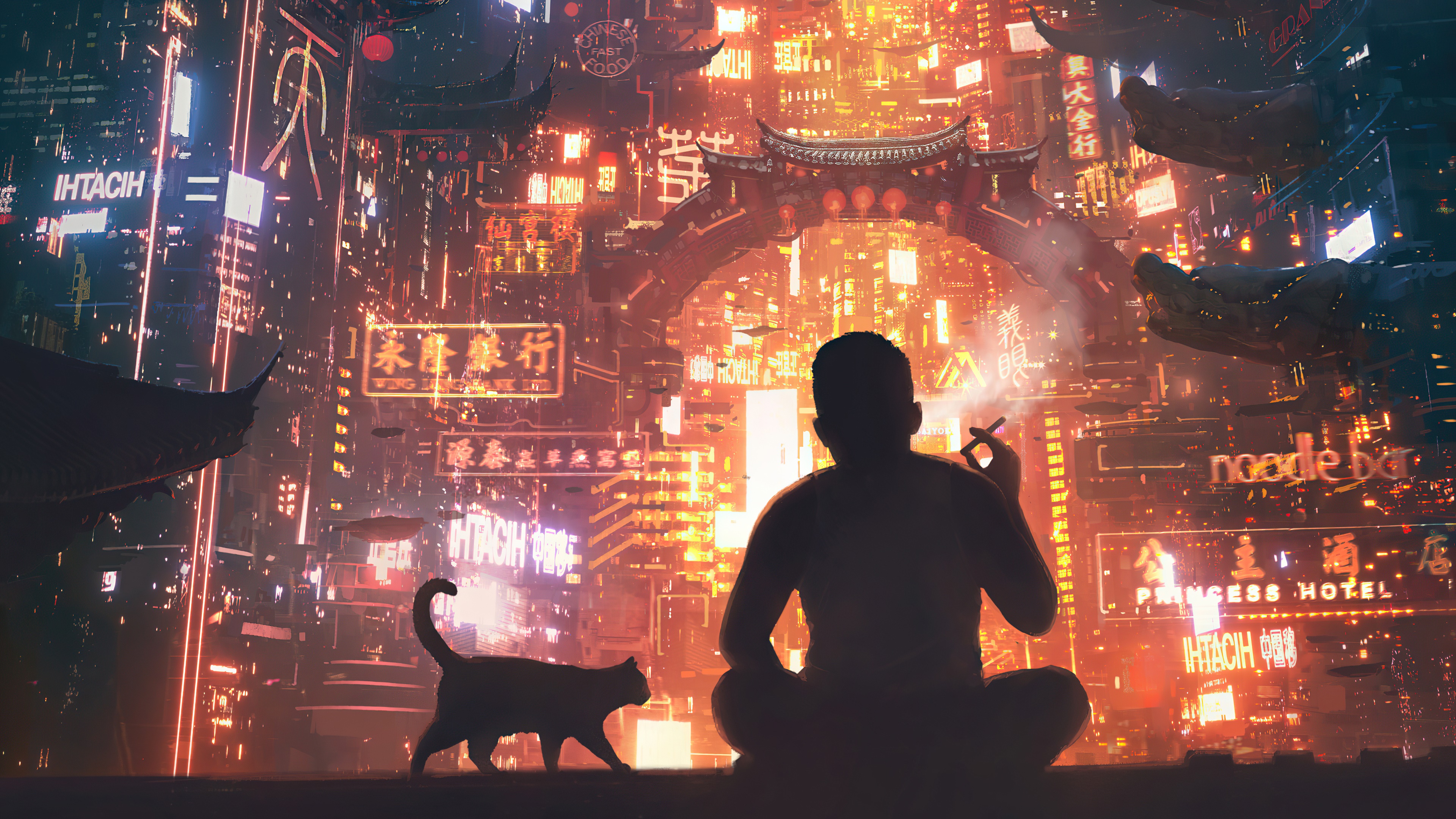 Man and cat in a futuristic neon city HD Wallpaper