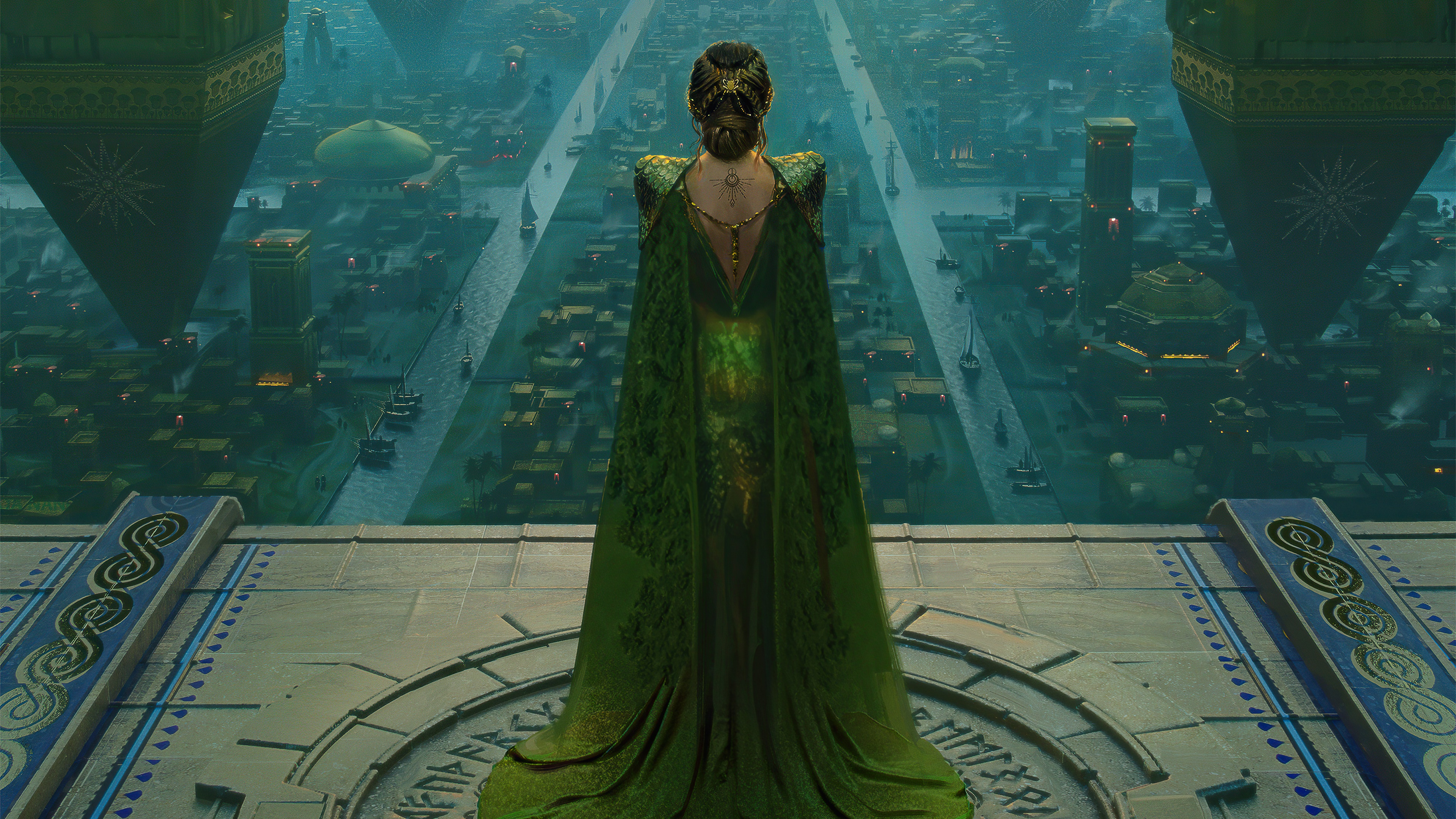 Woman in green dress overlooking futuristic city HD Wallpaper
