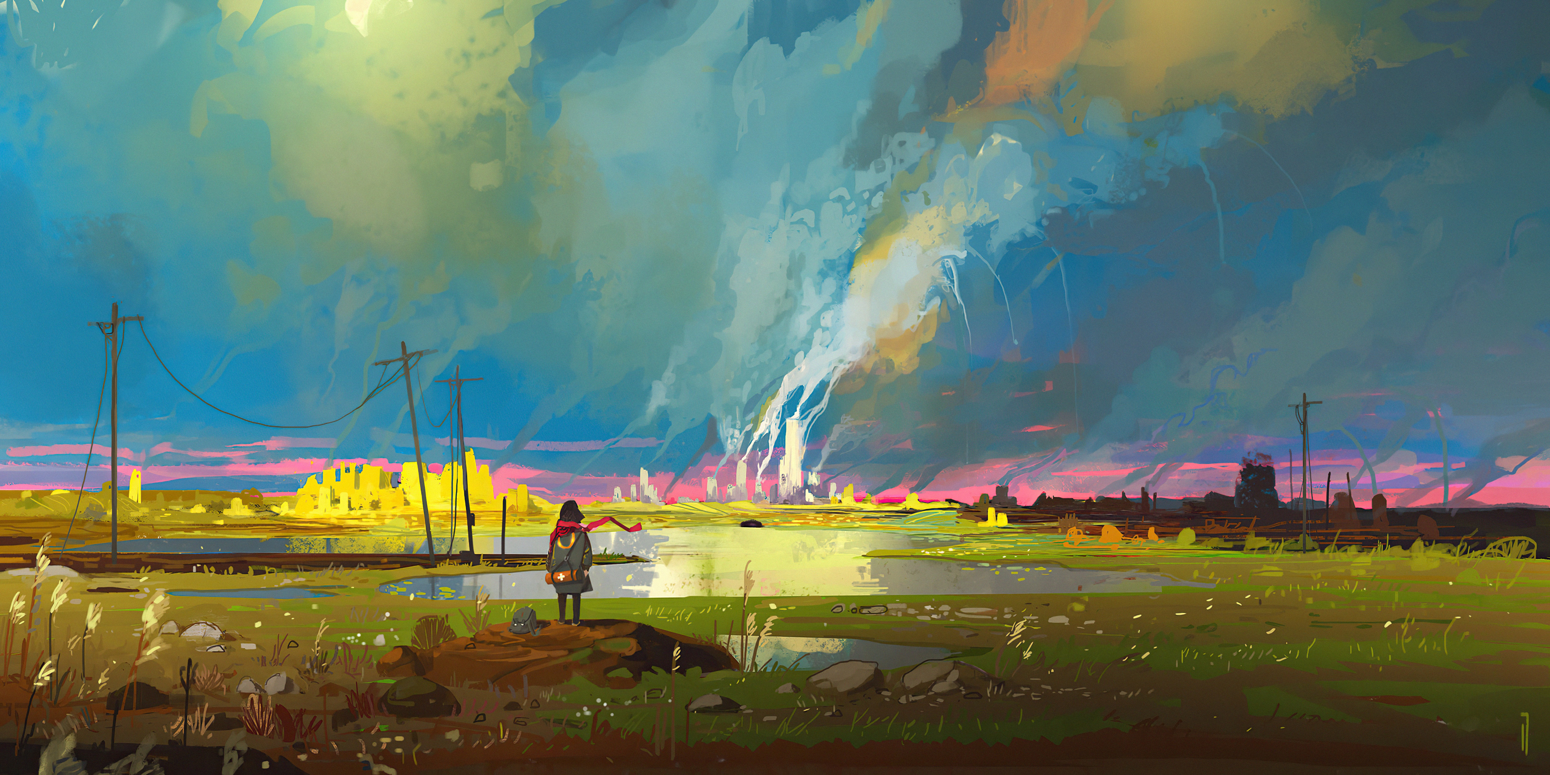 Digital art of a girl in a post-apocalyptic landscape HD Wallpaper
