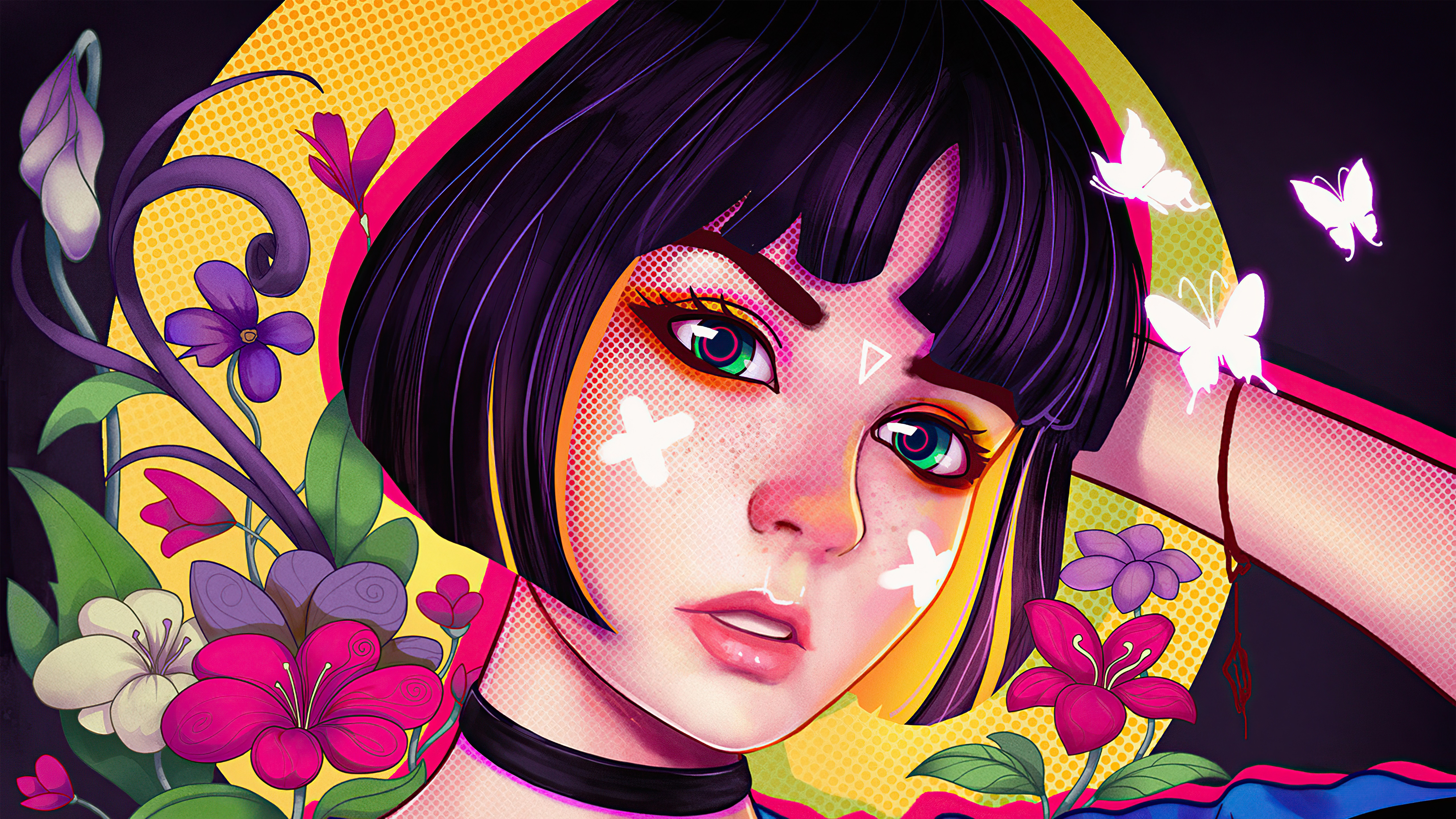 Artwork of a woman with flowers and butterflies HD Wallpaper