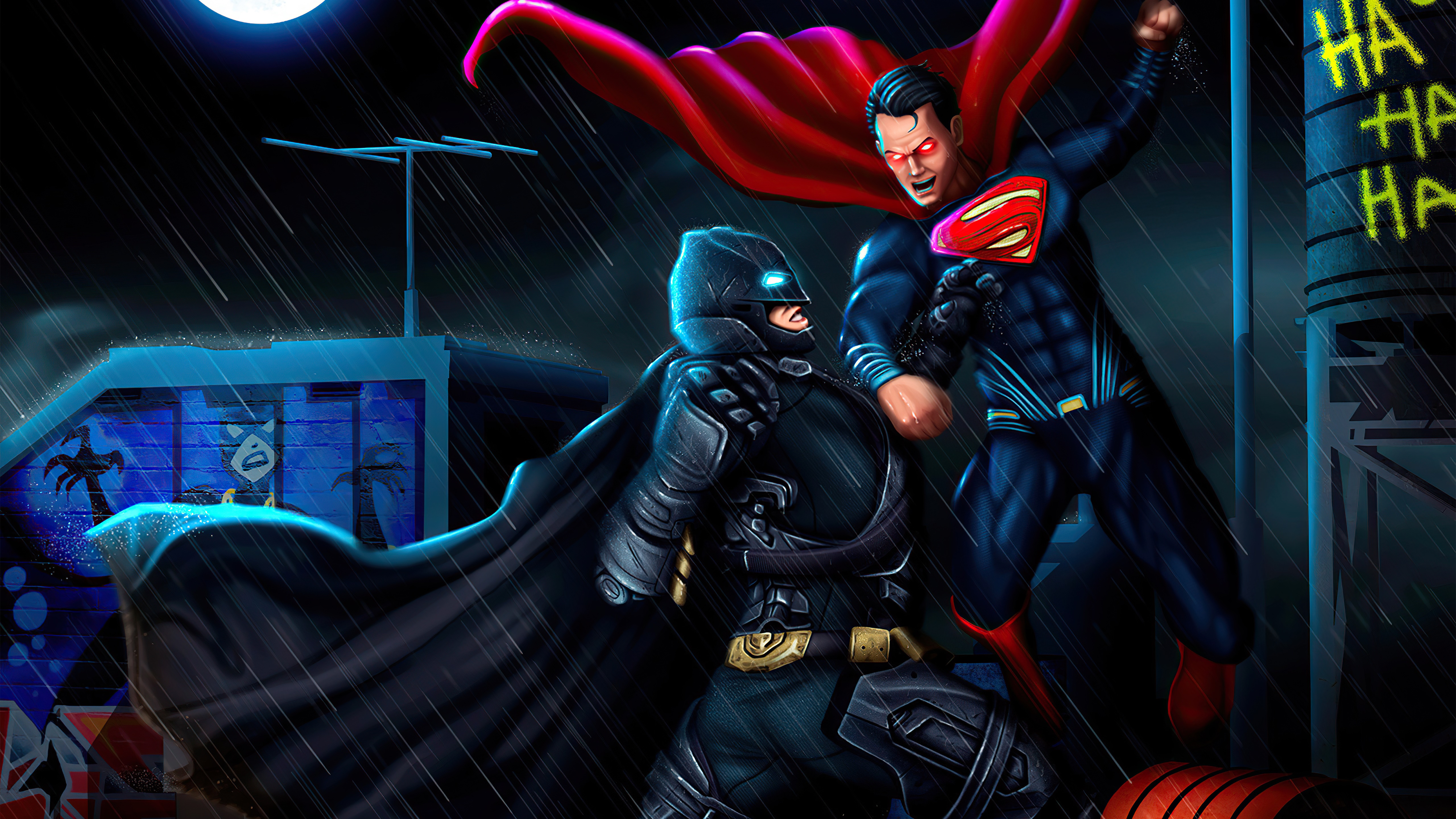 Batman and Superman fighting in the rain HD Wallpaper