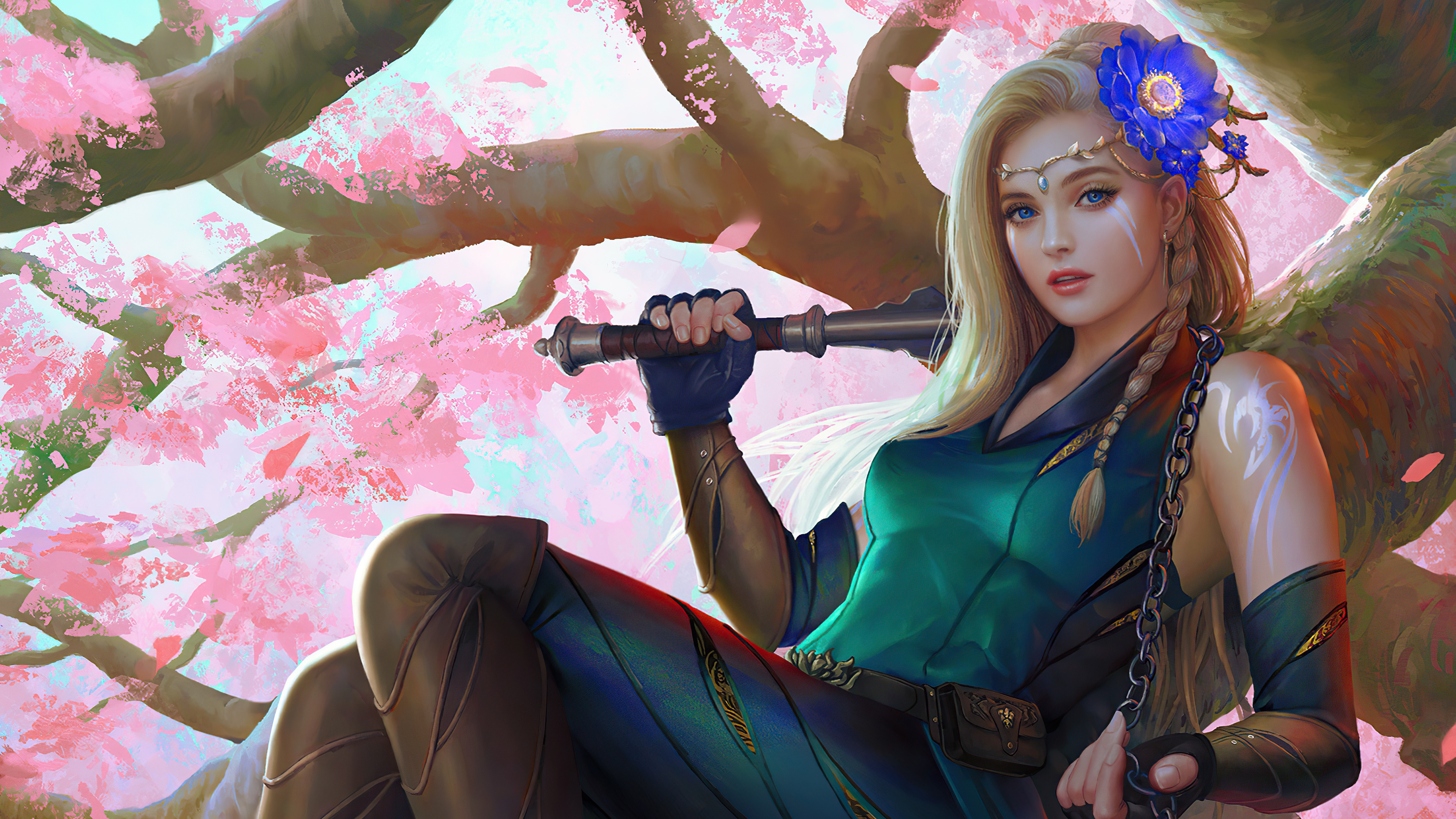 Fantasy woman with blue flower in hair holding a weapon HD Wallpaper