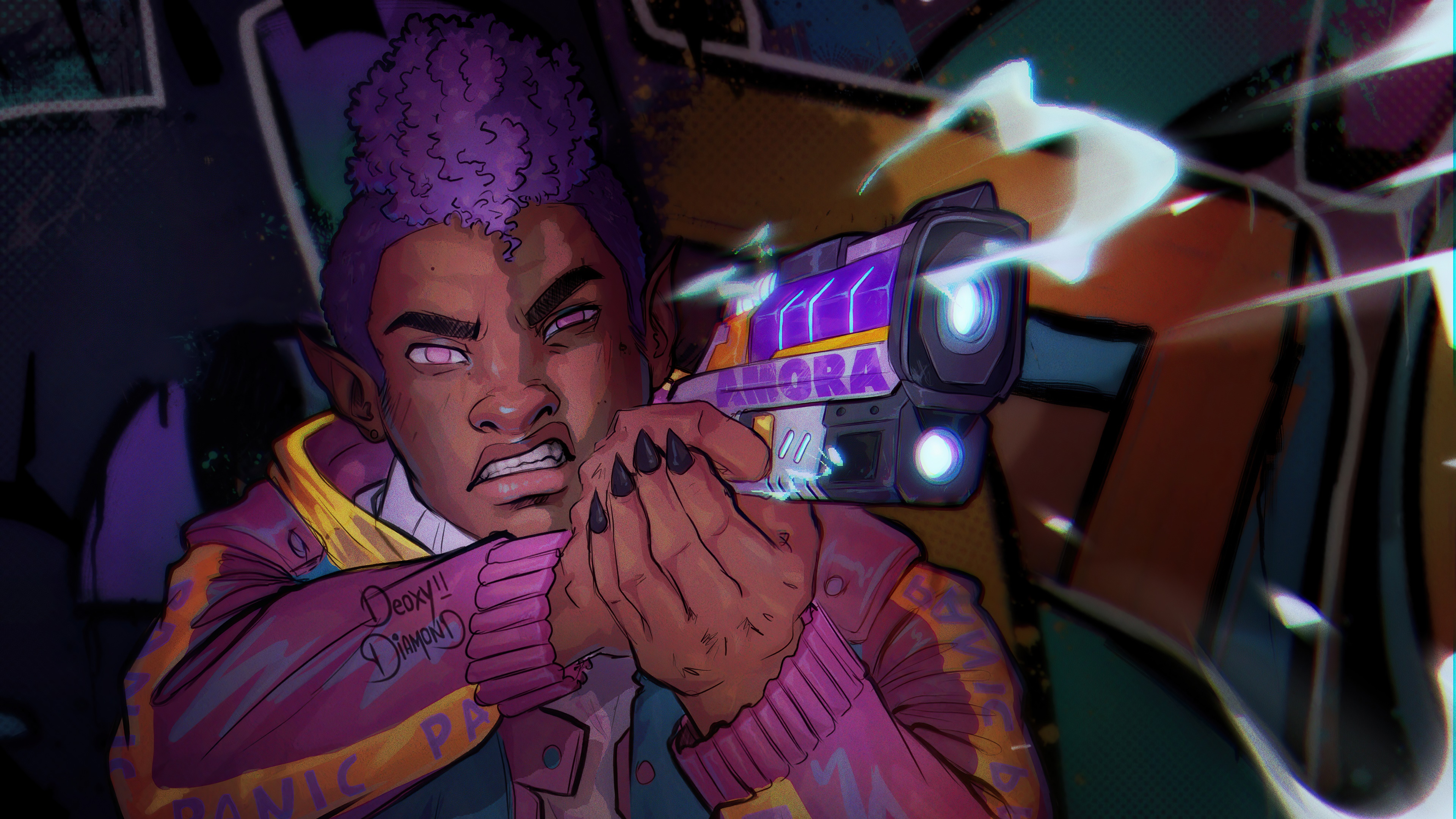 Cyberpunk character with purple hair aiming a futuristic gun HD Wallpaper