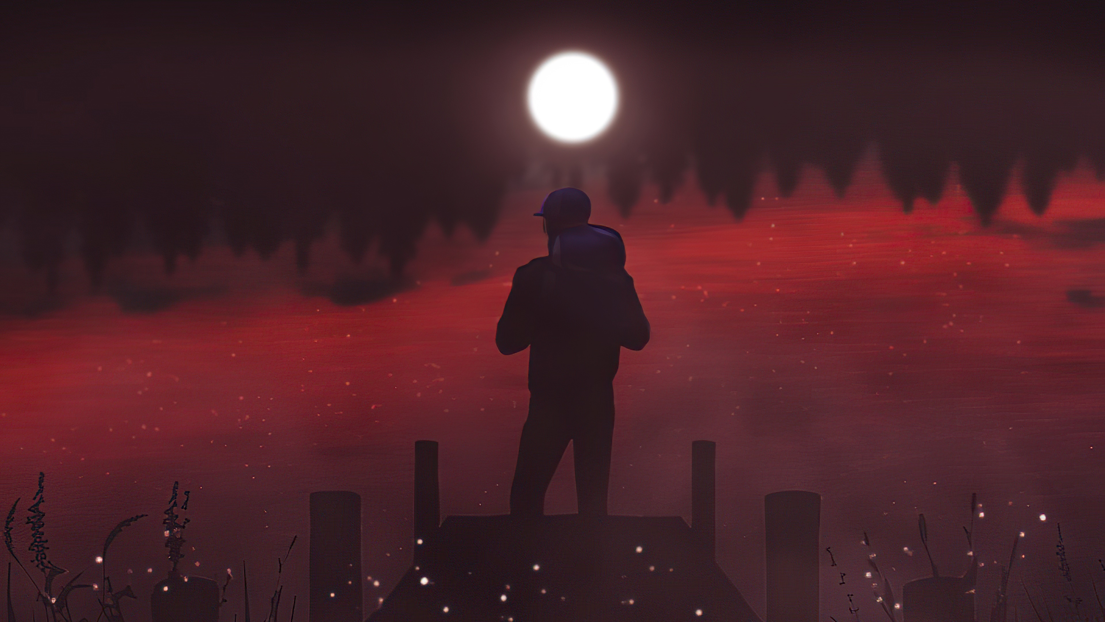 Man with backpack on pier under moon HD Wallpaper