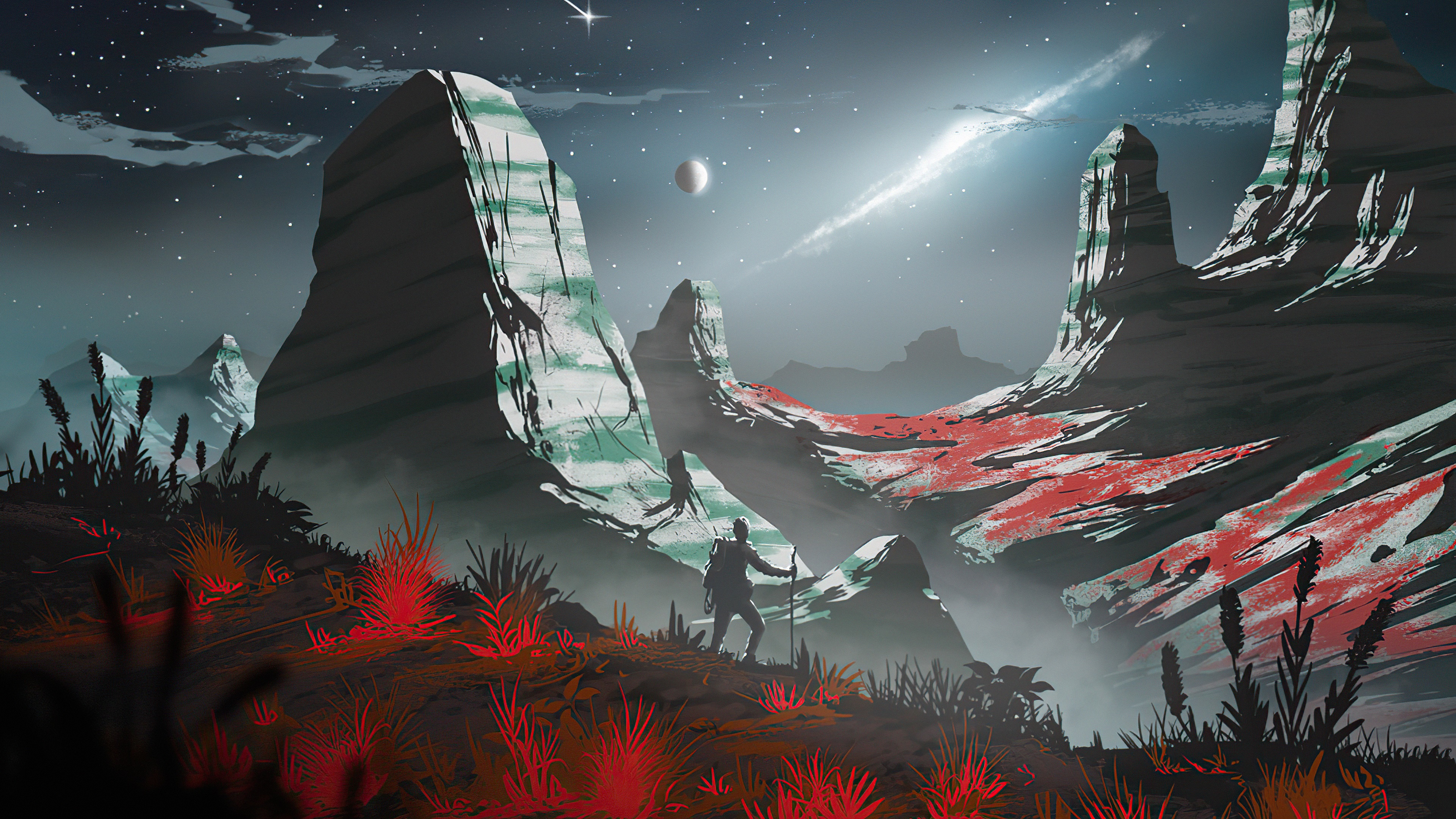 Alien Landscape with Hiker and Celestial Bodies HD Wallpaper